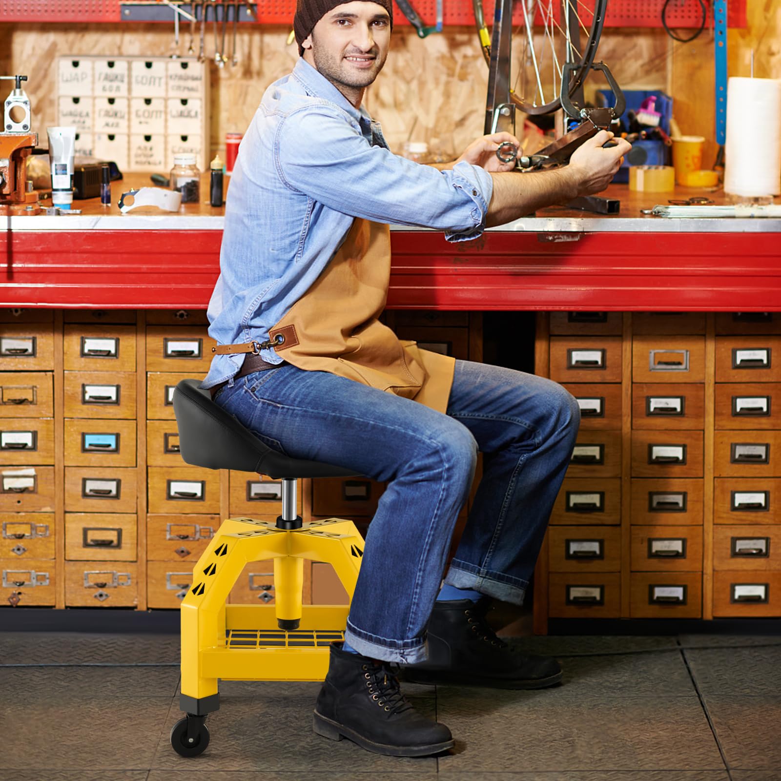 Goplus Heavy Duty Mechanic Stool with Wheels - 360° Swivel Rolling Garage Stool, Adjustable Height 22.5”-27.5”, Padded Seat & Tool Tray, 330 LBS Capacity - Perfect for Auto Repair, Workshop, DIY Projects & Industrial Use