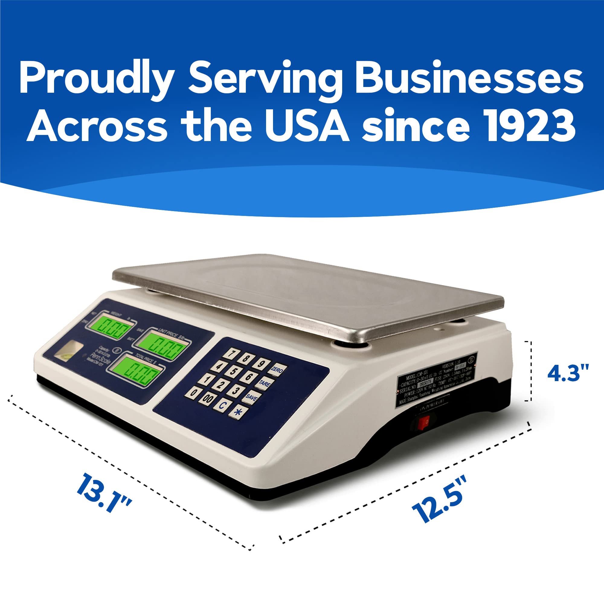 NTEP Certified CM-101 Digital Price Computing Scale - 30lb Capacity Commercial Scale with 0.01lb Precision, Rechargeable Battery & Dual LCD Display - Perfect for Grocery Stores, Farmers Markets & Retail Pricing (COC #04-101A1)