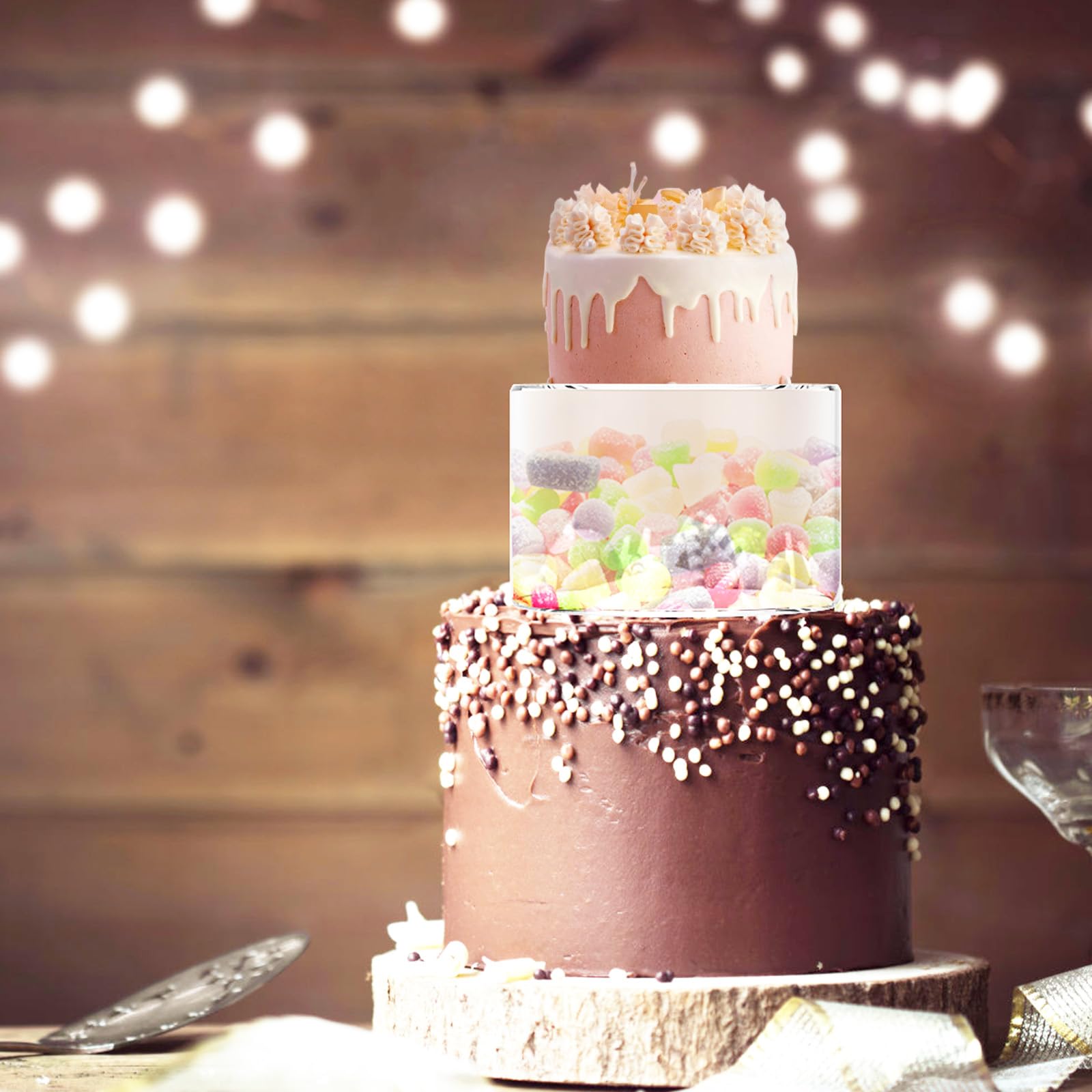 2Pcs Clear Acrylic Cake Stand with LED Lights - Fillable Round Dessert Display Riser, Stackable Cake Box for Wedding, Birthday Party, Bakery Display (Ideal for Cakes, Cupcakes, Toys & Floral Arrangements)