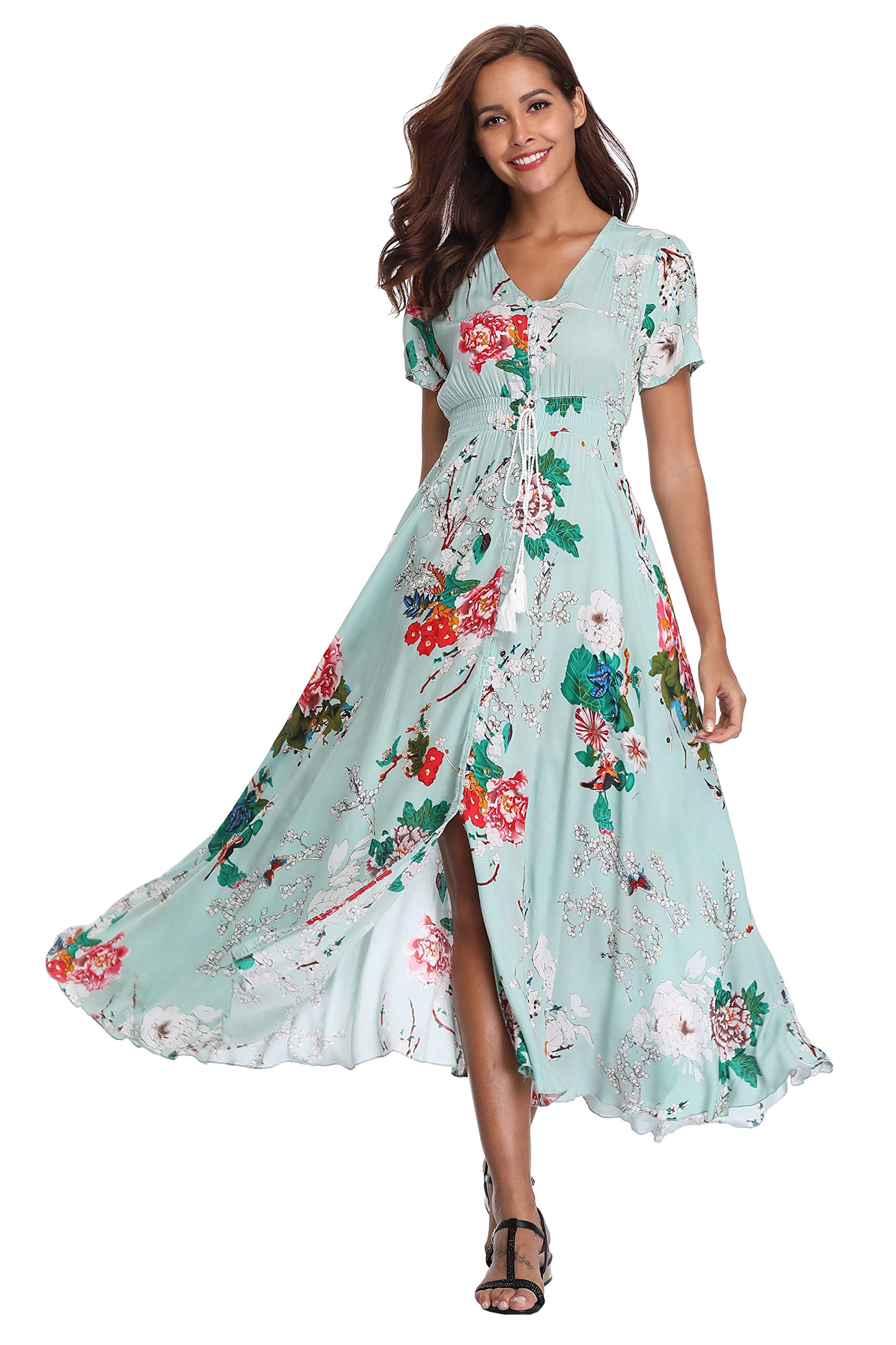 Ferrendo Women's Floral Maxi Dress - Button Up Boho Beach Dress with Side Slit & Flowery Print | Perfect for Summer Parties, Vacations & Beach Getaways