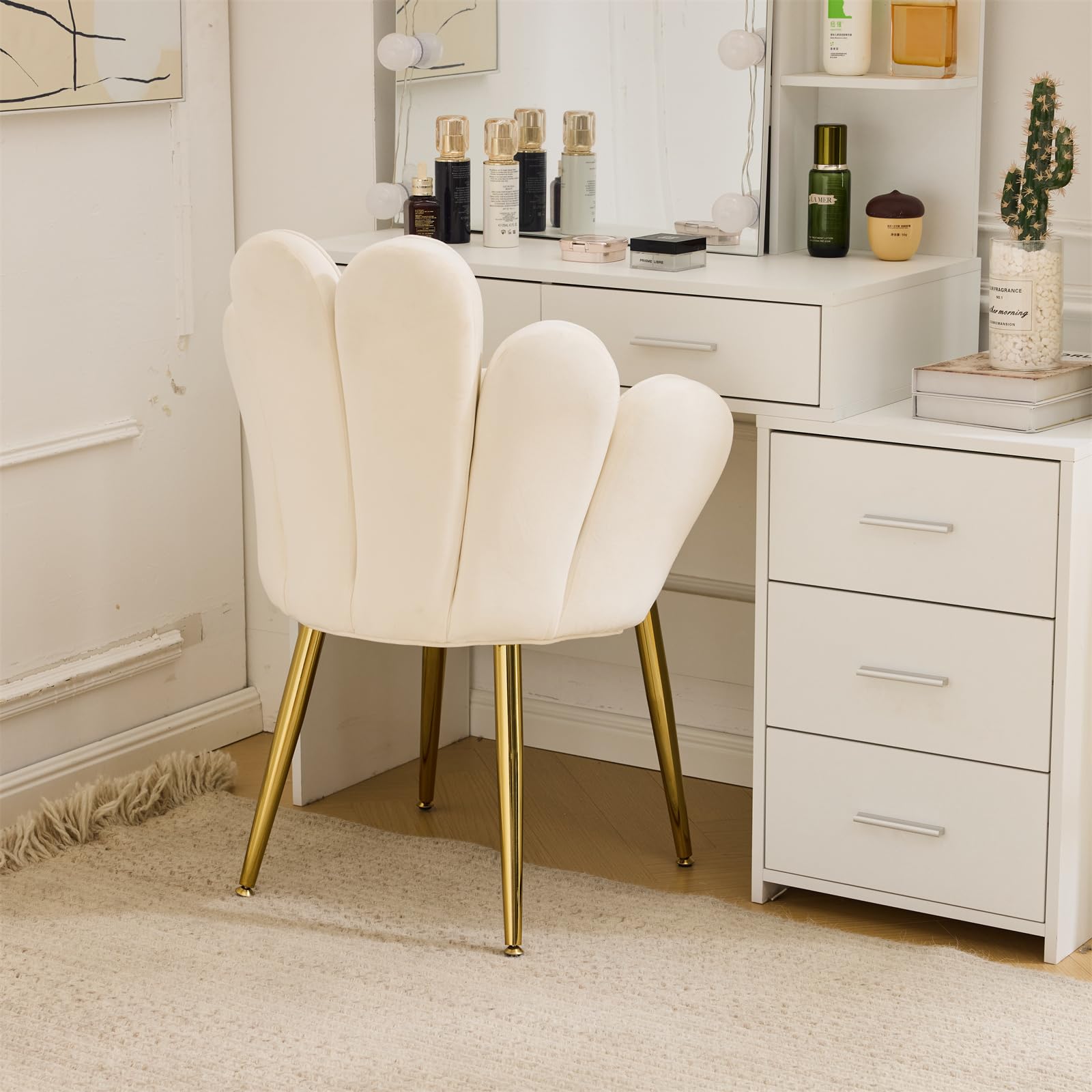 VINGLI Velvet Petal Makeup Vanity Chair with Back - Cute Flower Design, Adjustable Gold Legs & Bow Pillow - Comfortable No-Wheels Desk Chair for Girls, Modern Dining & Accent Chair - Perfect for Home Office, Bedroom, Dressing Room (White)
