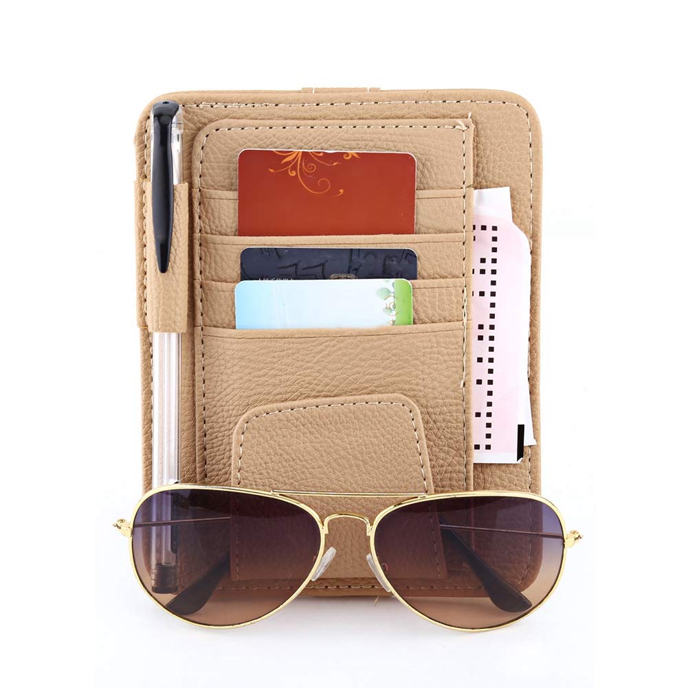 Car Visor Organizer with Mirror - PU Leather Sun Visor Storage Pouch for Sunglasses, Cards & Essentials (Beige) | Perfect for Road Trips & Daily Commute