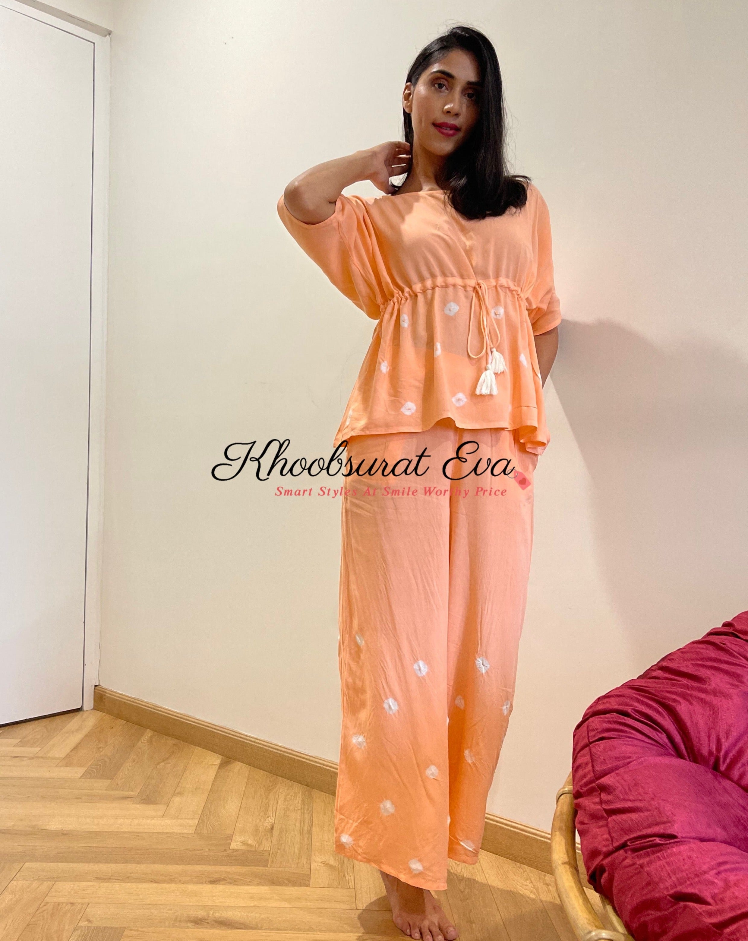 Stylish Peach Tie-Dye Co-Ord Kaftan Set for Women - Summer Beach Cover Up, Boho Outfit for Vacation & Pool Party
