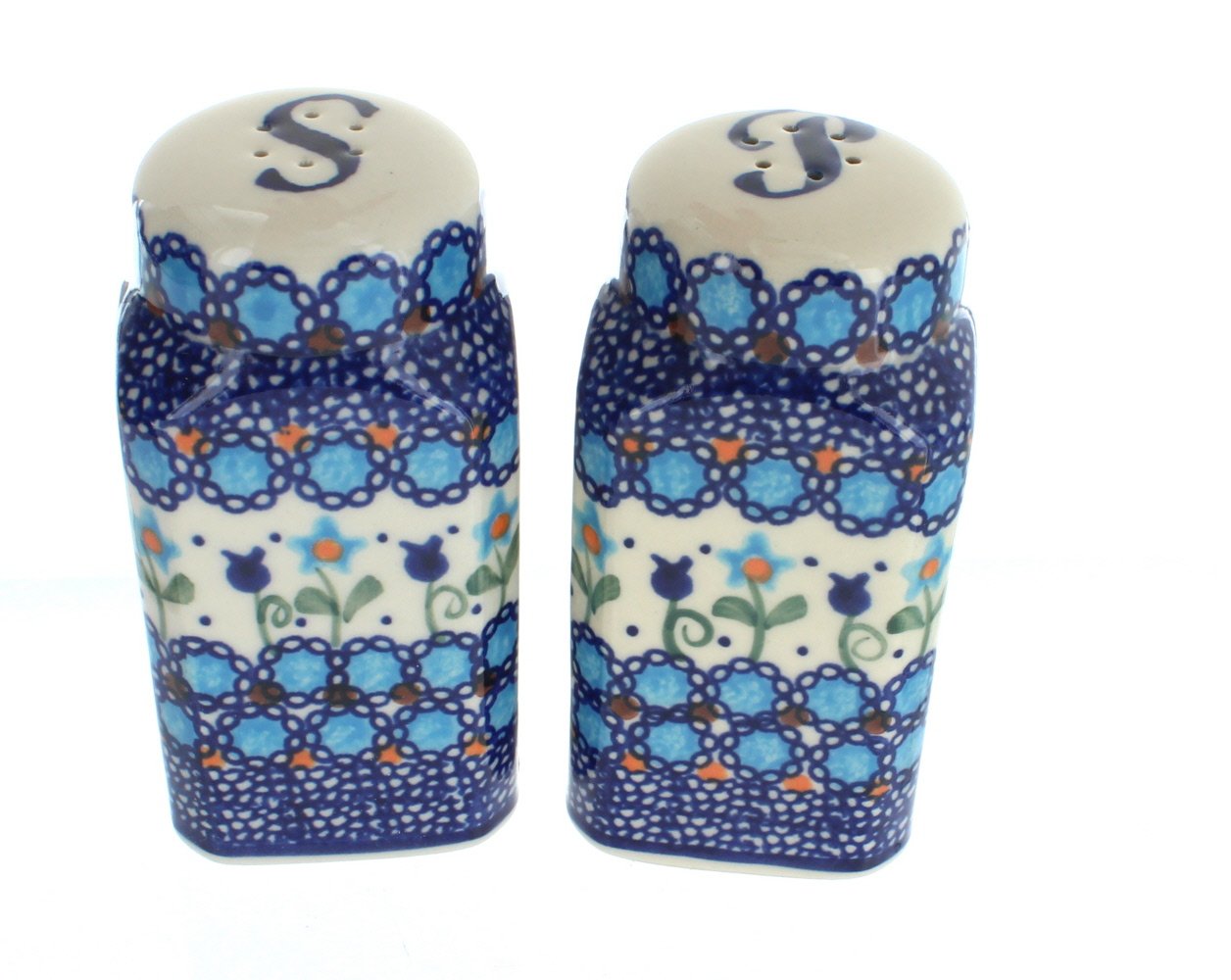 Handmade Blue Rose Polish Pottery Savannah Salt and Pepper Shakers Set - Vintage Ceramic Seasoning Dispensers for Kitchen, Dining Table & Gift Giving