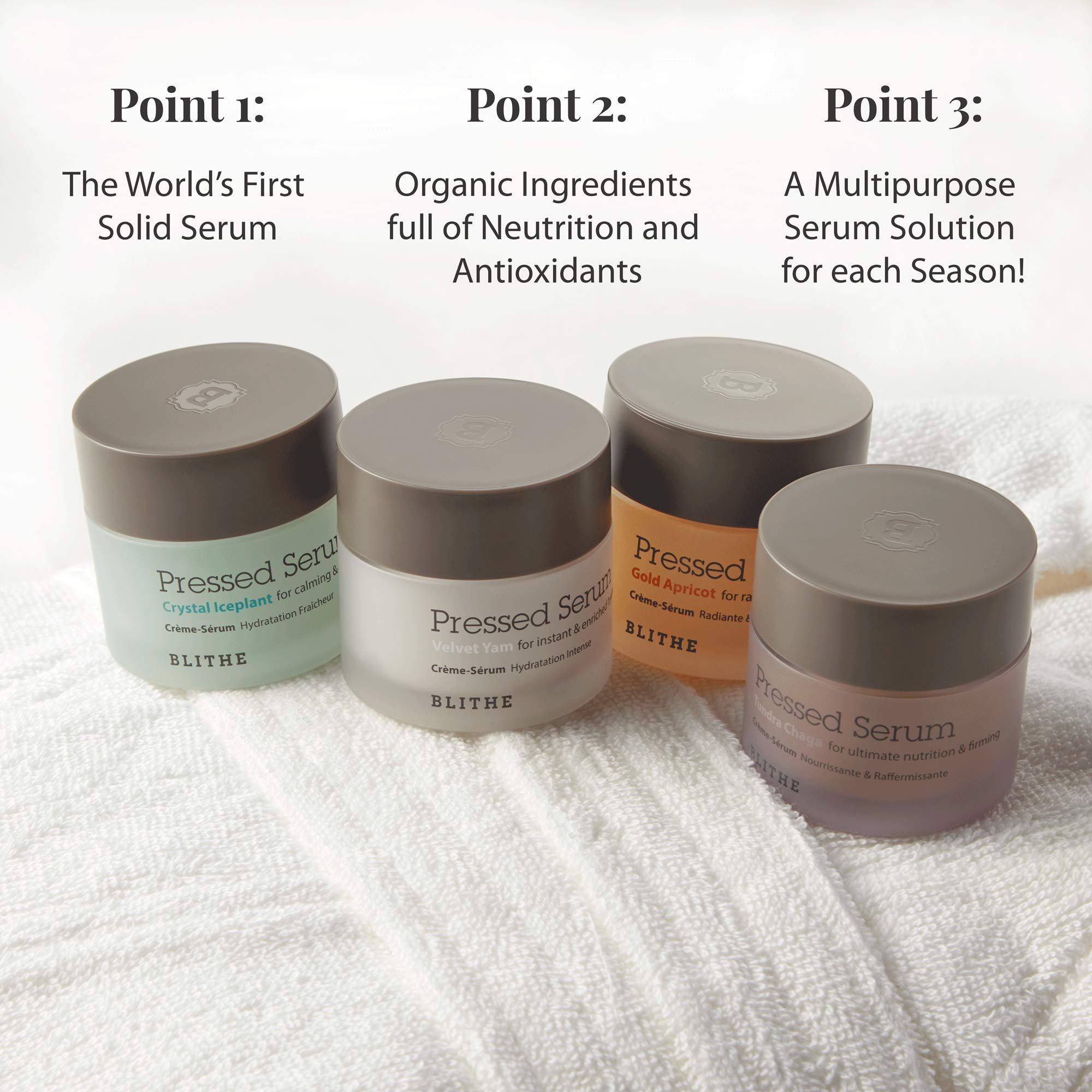 Blithe Pressed Serum Deluxe Collection - Hypoallergenic Korean Face Moisturizer with Chaga, Iceplant, Yam & Apricot - 4pc Box Set (0.74 Fl Oz Each) for Dry, Sensitive Skin - Day & Night Hydration for All Seasons