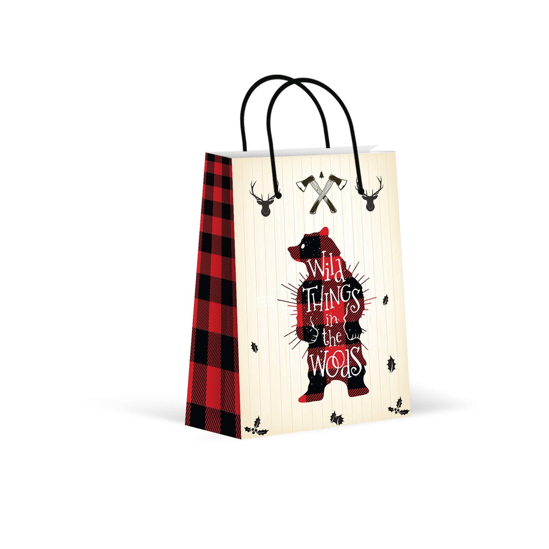 Premium Lumberjack Party Favor Bags - 12 Pack Red Plaid & Polka Dot Winter Themed Goodie Bags (8.5