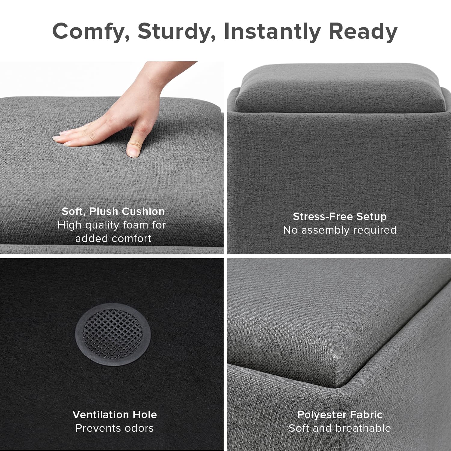 Mopio Levi Storage Bench with Reversible Tray - Modern Upholstered Ottoman Coffee Table for Living Room, Bedroom & Entryway - Dark Gray Fabric Cube Bench with Storage - Perfect for Small Spaces, Seating & Home Organization
