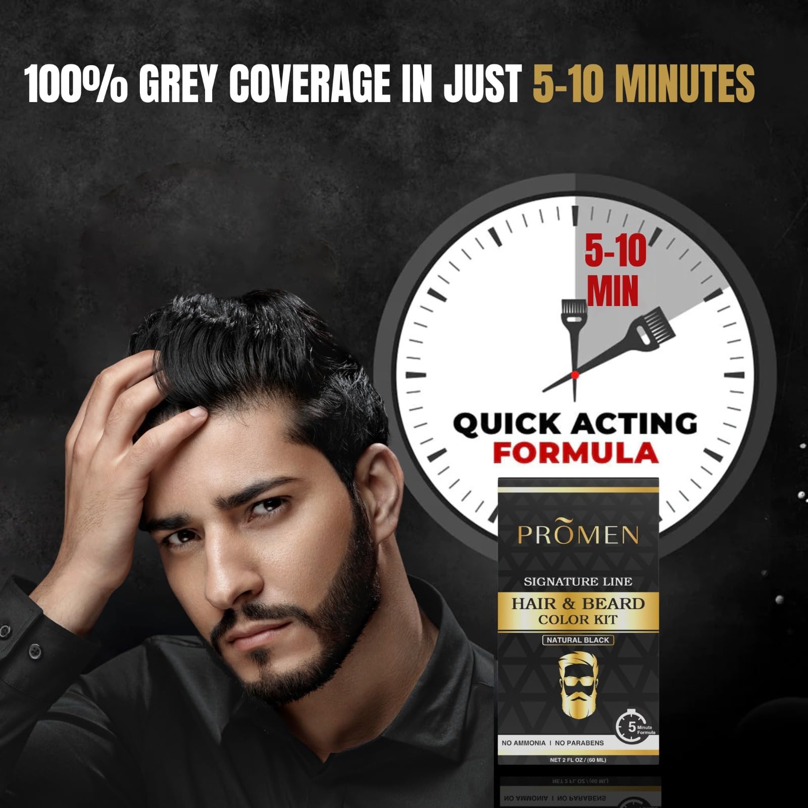 BEMEN Hair & Beard Color Kit for Men - 5-10 Minute Mustache & Hair Dye - Easy Application, No Stain, Long-Lasting Shine - Natural Black Beard Color | Perfect for Home Use, Touch-Ups, and Professional-Looking Results