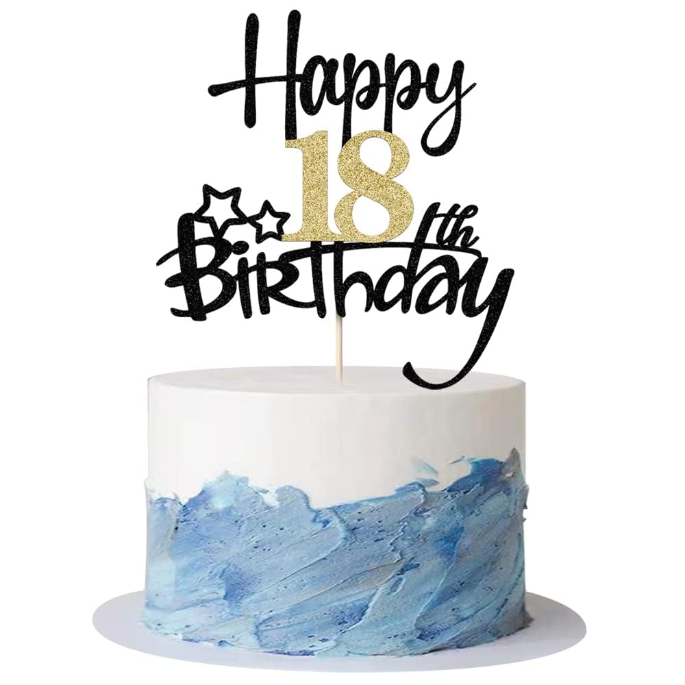 Kaoenla Black Gold Glitter Happy 18th Birthday Cake Topper - Hello 18/Cheers 18, Happy Eighteenth Birthday Party Decorations for Sweet 16, 18th & 21st Birthday Celebrations - Perfect for Milestone Birthday Cakes, Cupcakes & Dessert Tables