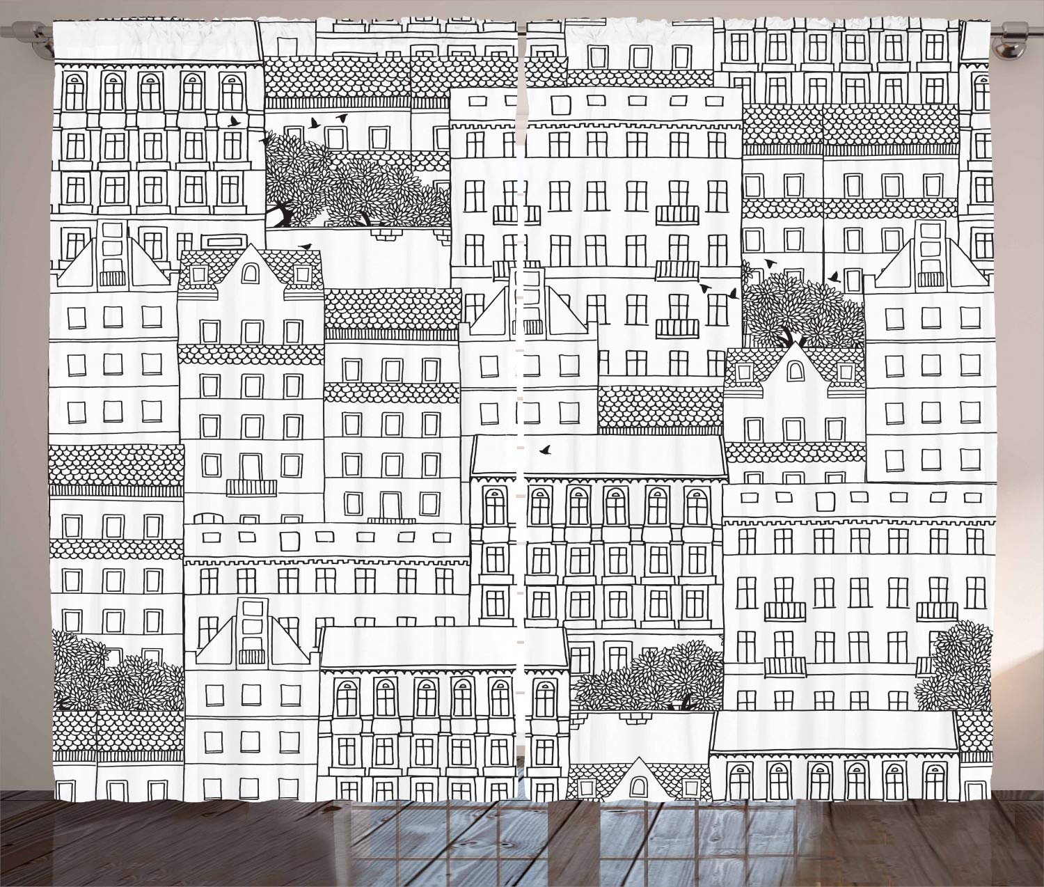Ambesonne German Curtains - Hand Drawn European Architecture Sketch, Black and White Monochrome Window Drapes for Living Room & Bedroom, 2 Panel Set 108