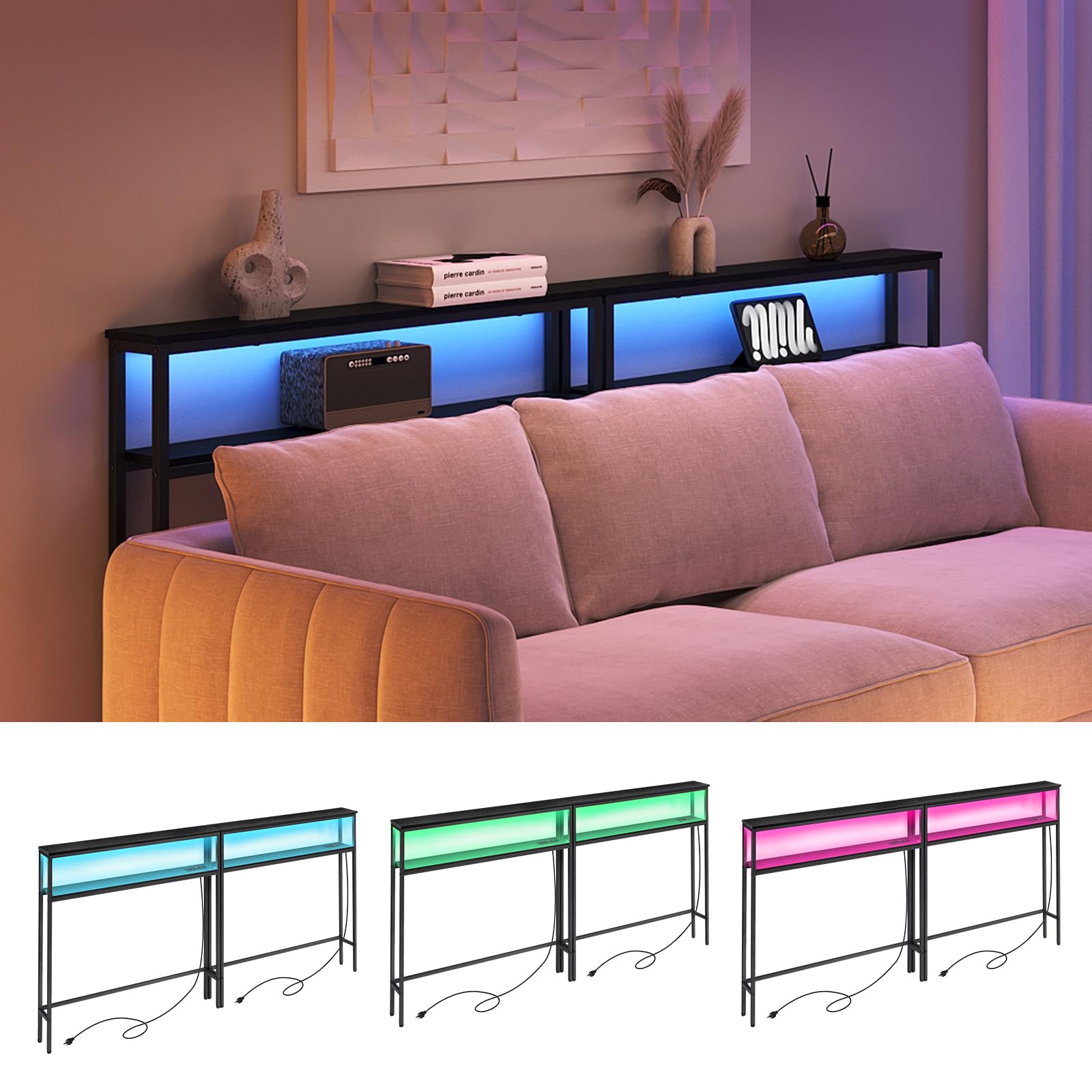 ELYKEN 2 Pack Narrow 2-Tier Console Sofa Table with LED Strip Light - 5.9