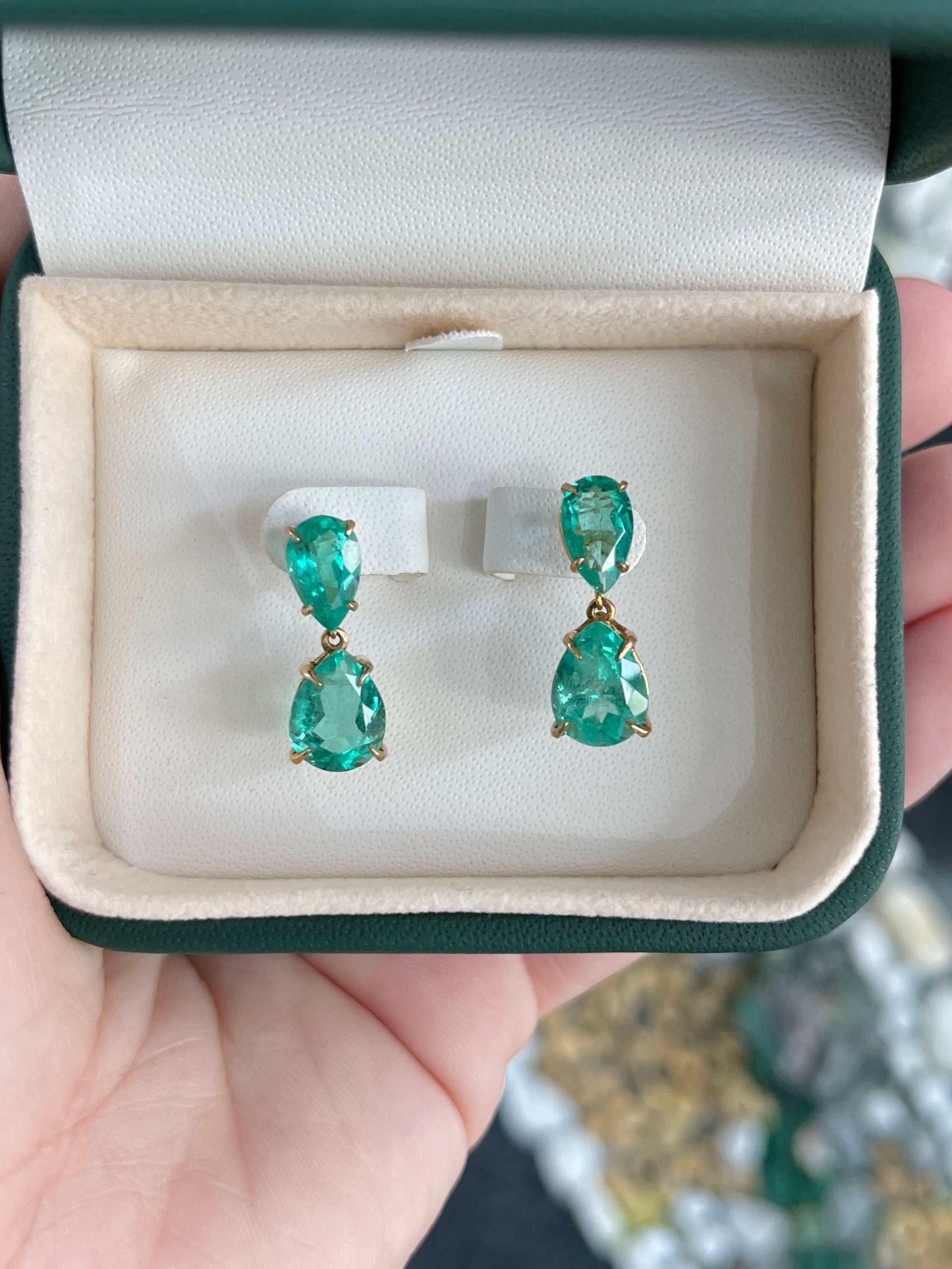 6.56tcw Colombian Emerald Dangle Stud Earrings in 18K Yellow Gold - Elegant Jewelry for Women, Perfect for Weddings, Parties & Special Occasions