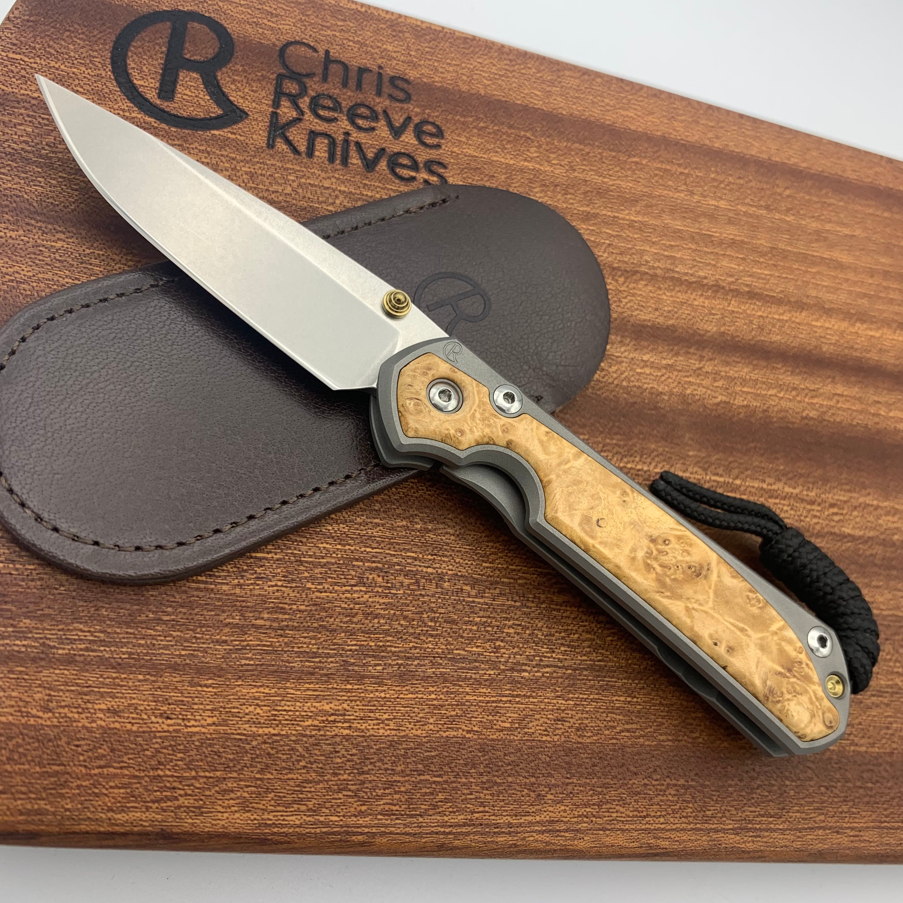 Chris Reeve Knives Small Sebenza 31 Drop Point Folding Knife - Box Elder Wood Inlay, Double Gold Lugs & Matte Handles - Perfect for EDC, Camping, Hunting and Outdoor Adventures