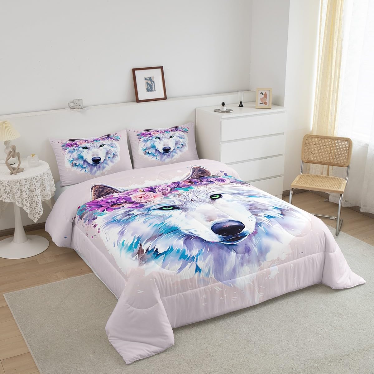 Wolf Safari Comforter Set - Queen Size Tie Dye Bedding with Pillowcases for Jungle Themed Bedroom