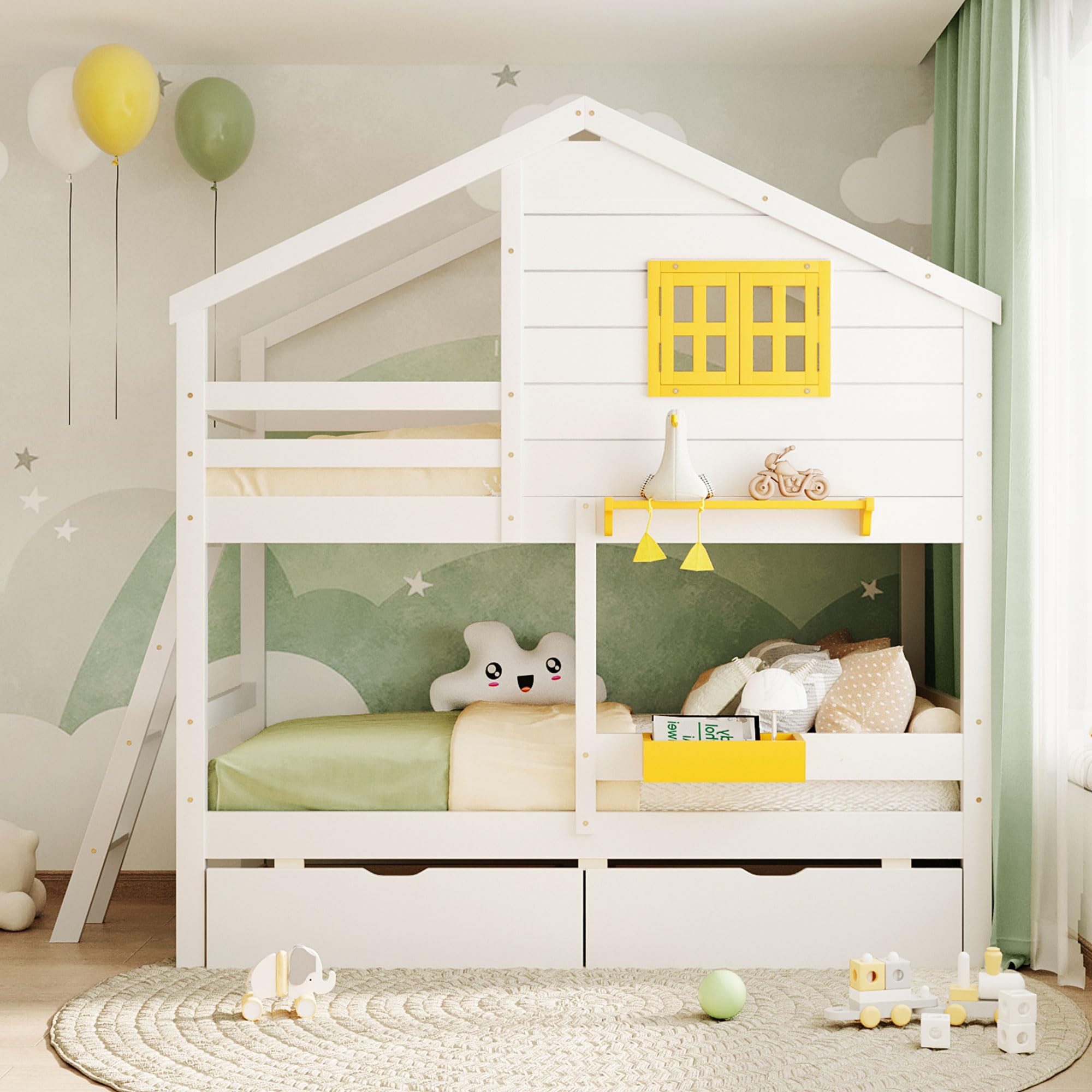 Harper & Bright Designs Twin Over Twin Solid Wood Bunk Bed for Kids with Storage Drawers, Shelf & Roof - White | Space-Saving Kids Bedroom Furniture for Boys, Girls & Teens | Perfect for Small Rooms, Shared Bedrooms & Sleepovers