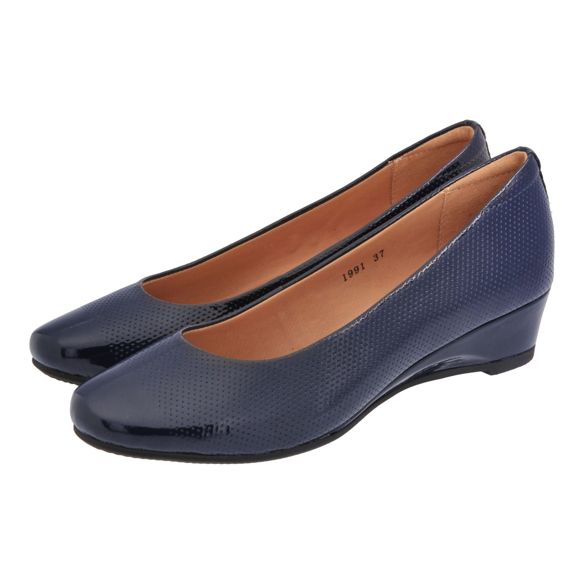 Caratti Navy Blue Leather Wedge Heels for Women - Comfortable Short Heel Dress Shoes for Work, Party & Evening Outfits