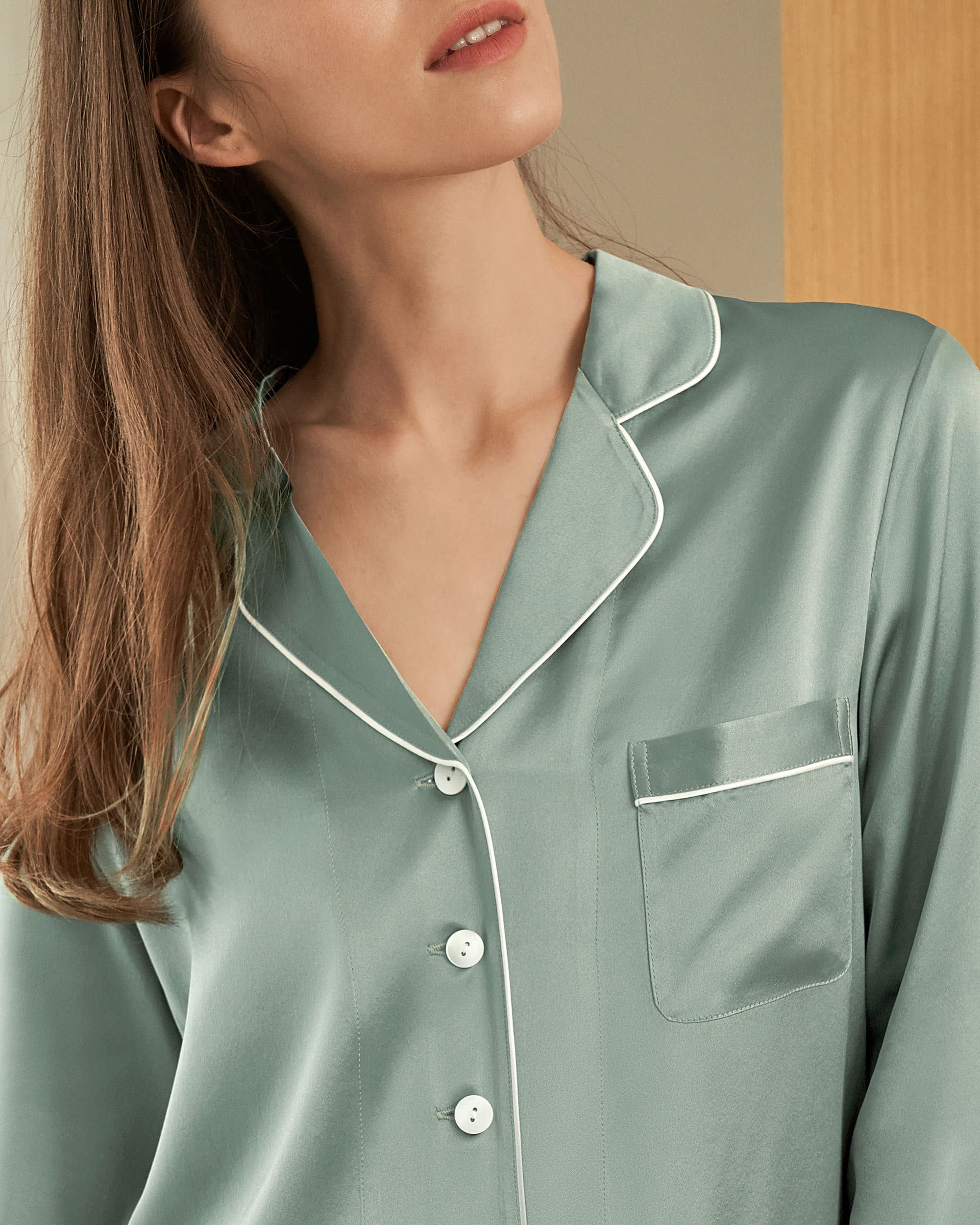 LilySilk Women's Long Silk Pajamas Set - V Neck Notched Collar with White Trim - Soft & Luxurious Sleepwear for Women - Perfect for Nighttime Relaxation, Lounging & Gift Giving