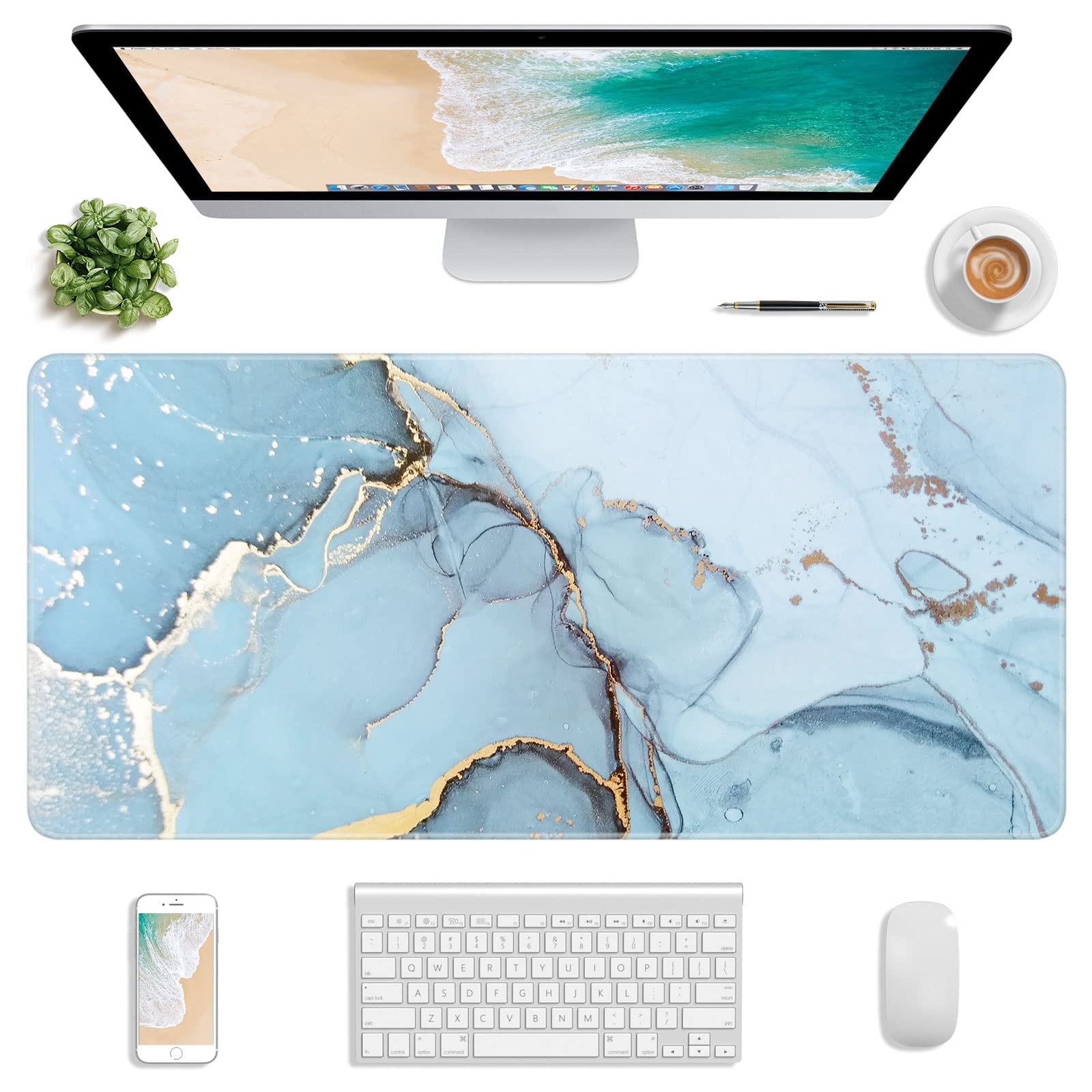 Atufsuat XXL Gaming Mouse Pad 30x14 Inch, Non-Slip Waterproof Desk Mat for Office & PC Gaming - Blue Marble