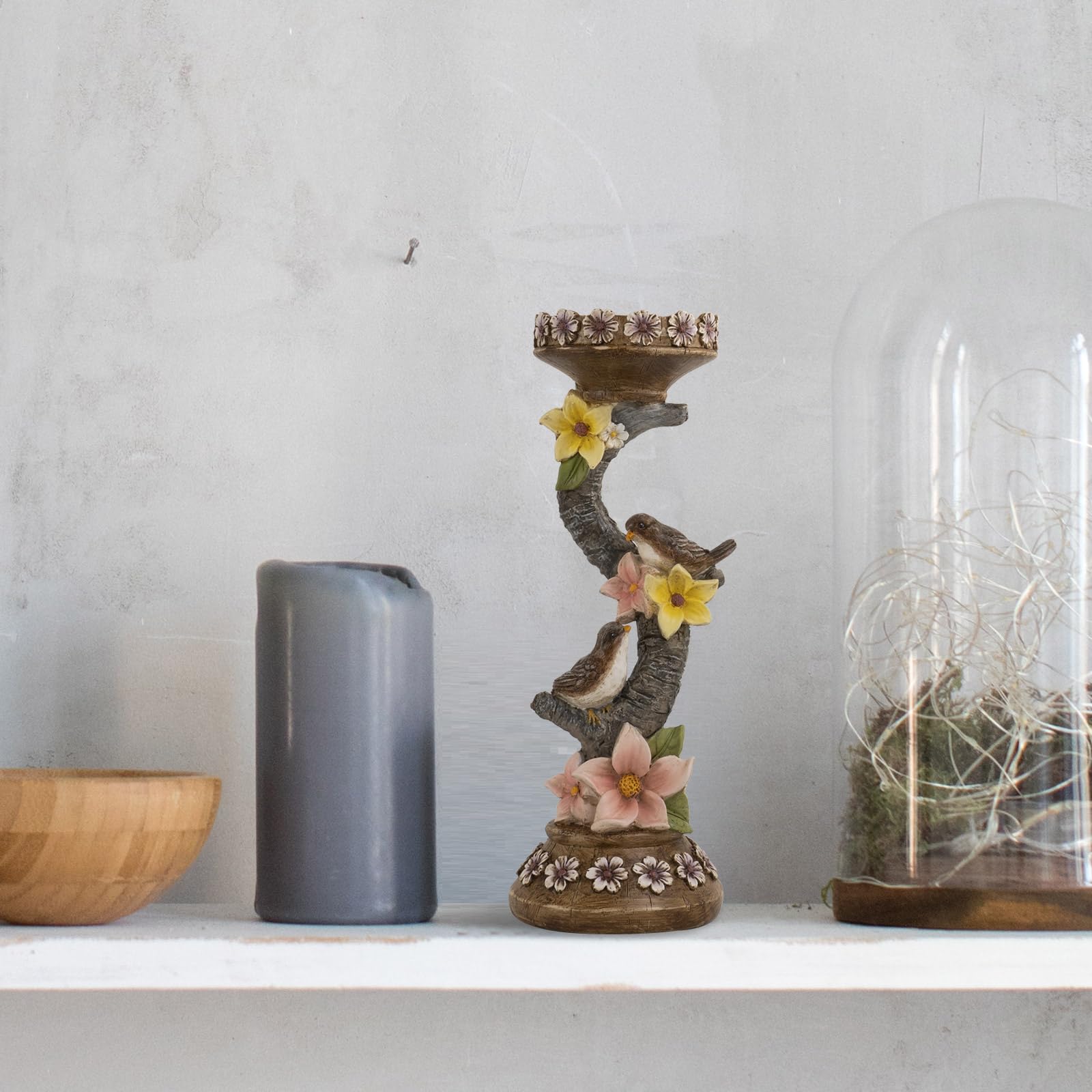 11.6in Resin Spring Figurine with Bird & Flower - Decorative Candle Holder for Pillar Candles, Home Mantel & Table Centerpiece - Perfect for Spring Home Decor, Easter Decorations & Seasonal Tablescapes