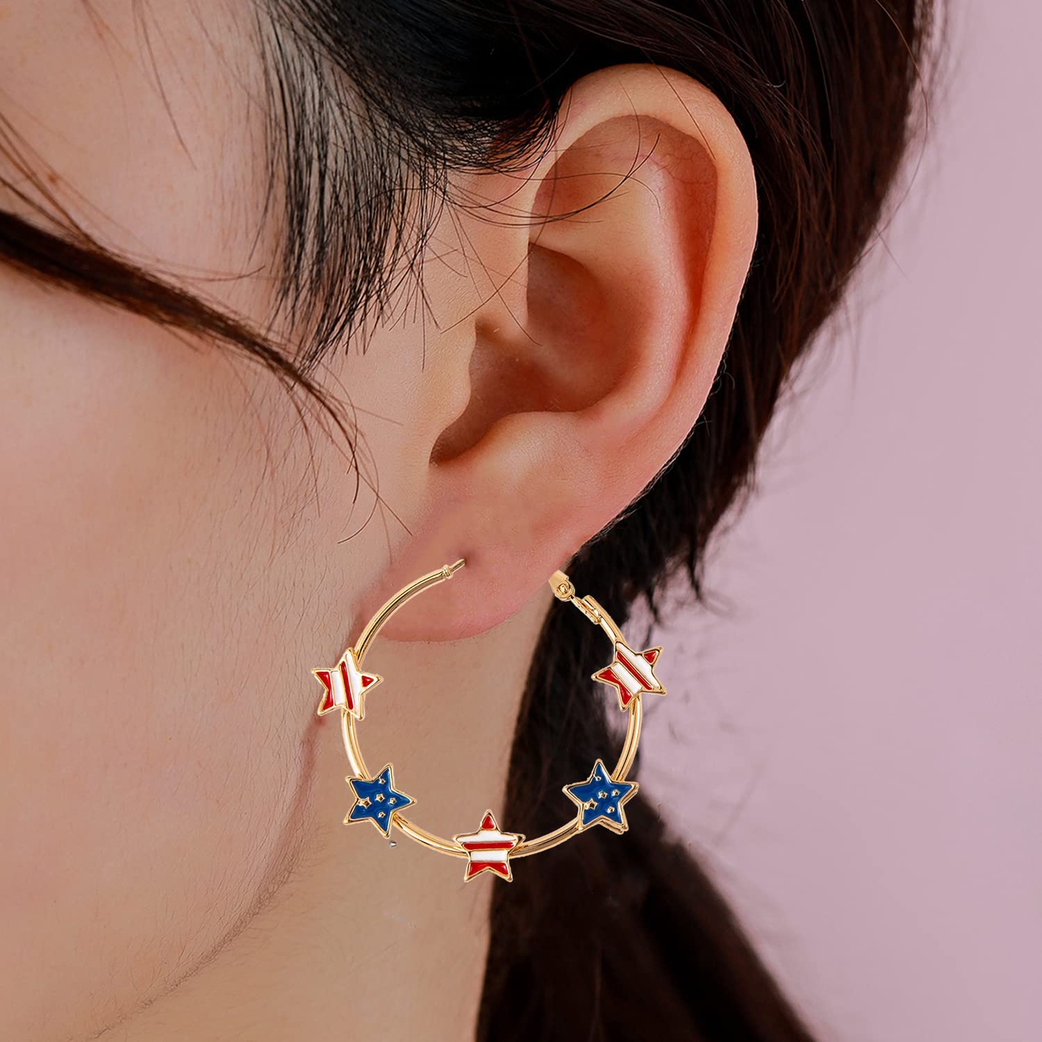 4th of July Patriotic Earrings for Women - Red White Blue Star Hoop Earrings with American Flag Design - USA Independence Day Jewelry & Accessories - Perfect for 4th of July Parties, National Holidays and Patriotic Events