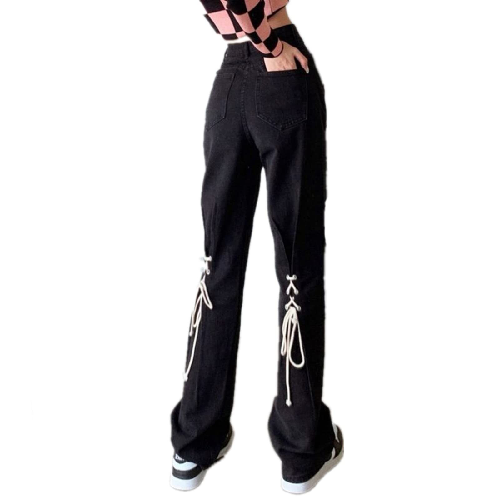 Women's High Waist Straight Leg Jeans - Cross Blue Double Layer Denim Pants for Spring Autumn Winter | Fashion Streetwear & Casual Everyday Wear