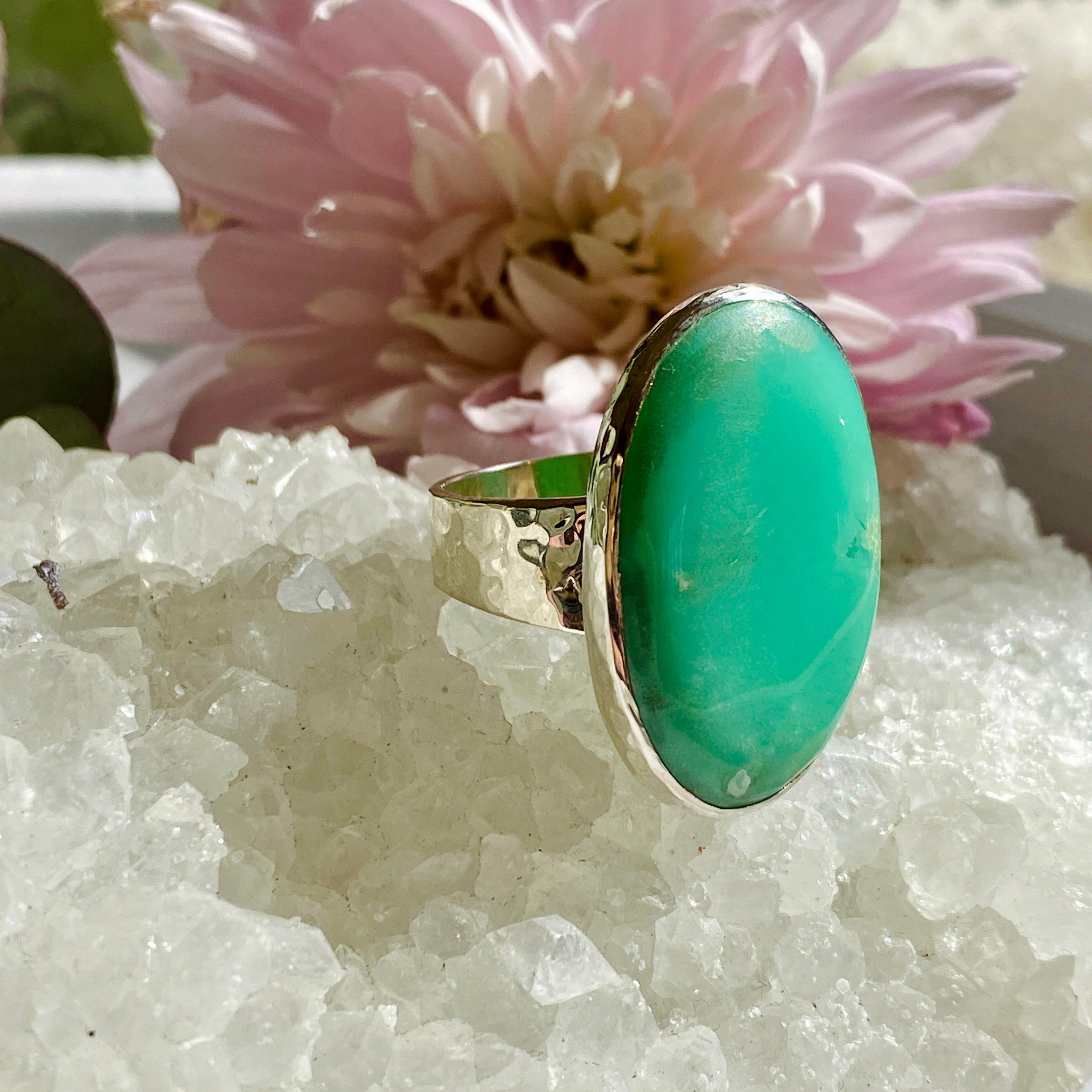Chrysoprase Oval Beaten Band Ring - Size 10 - KRGJ2137 - Handmade Bohemian Jewelry for Women - Perfect for Boho Chic, Wedding & Everyday Wear