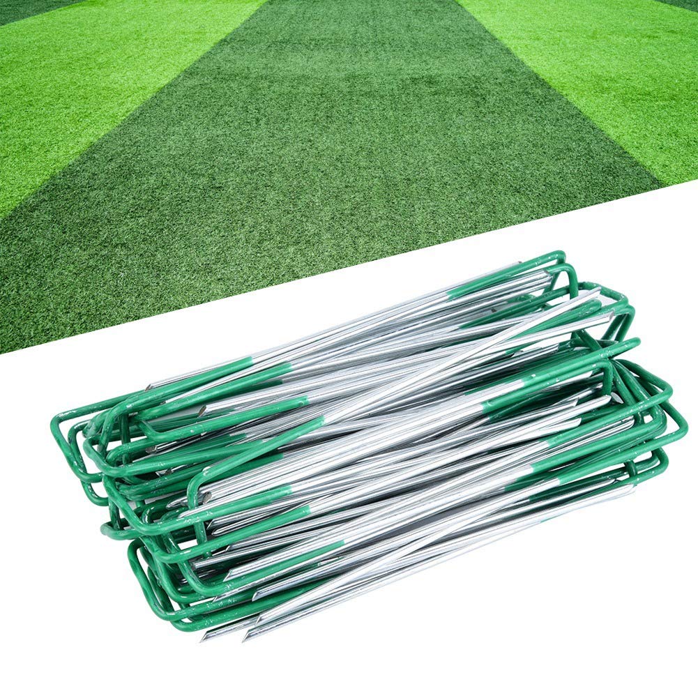 100pcs Yagosodee Green Artificial Grass Pins - Heavy Duty Galvanized Metal U-Shaped Turf Staples for Securing Fake Grass, Perfect for Lawn Edging, Weed Control & Landscape Projects - Outdoor Garden & Yard Use