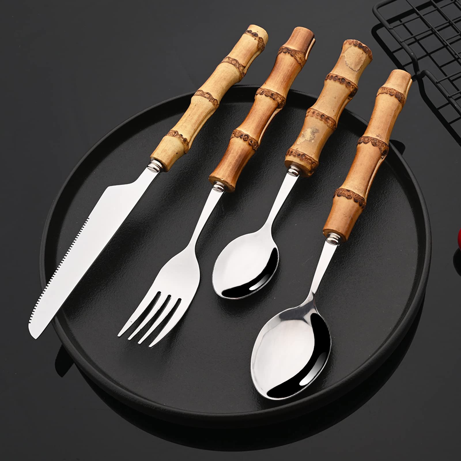 JASHII 16-Piece Natural Bamboo Flatware Set - Stainless Steel Silverware Cutlery with Bamboo Handle for 4 People, Mirror Polished Kitchen Utensils (Shiny Silver) - Perfect for Dinner Parties, Restaurants & Eco-Friendly Home Dining