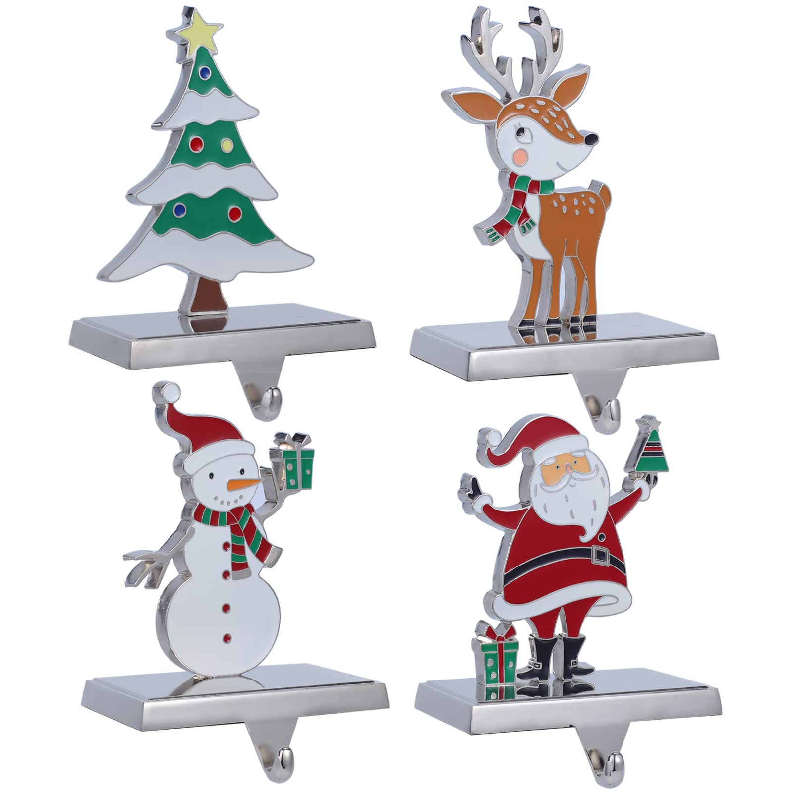Premium Metal Christmas Stocking Holders - Set of 4 Silver Stocking Hangers for Fireplace Mantel Decor | Holiday Home Decoration & Gift Hanging