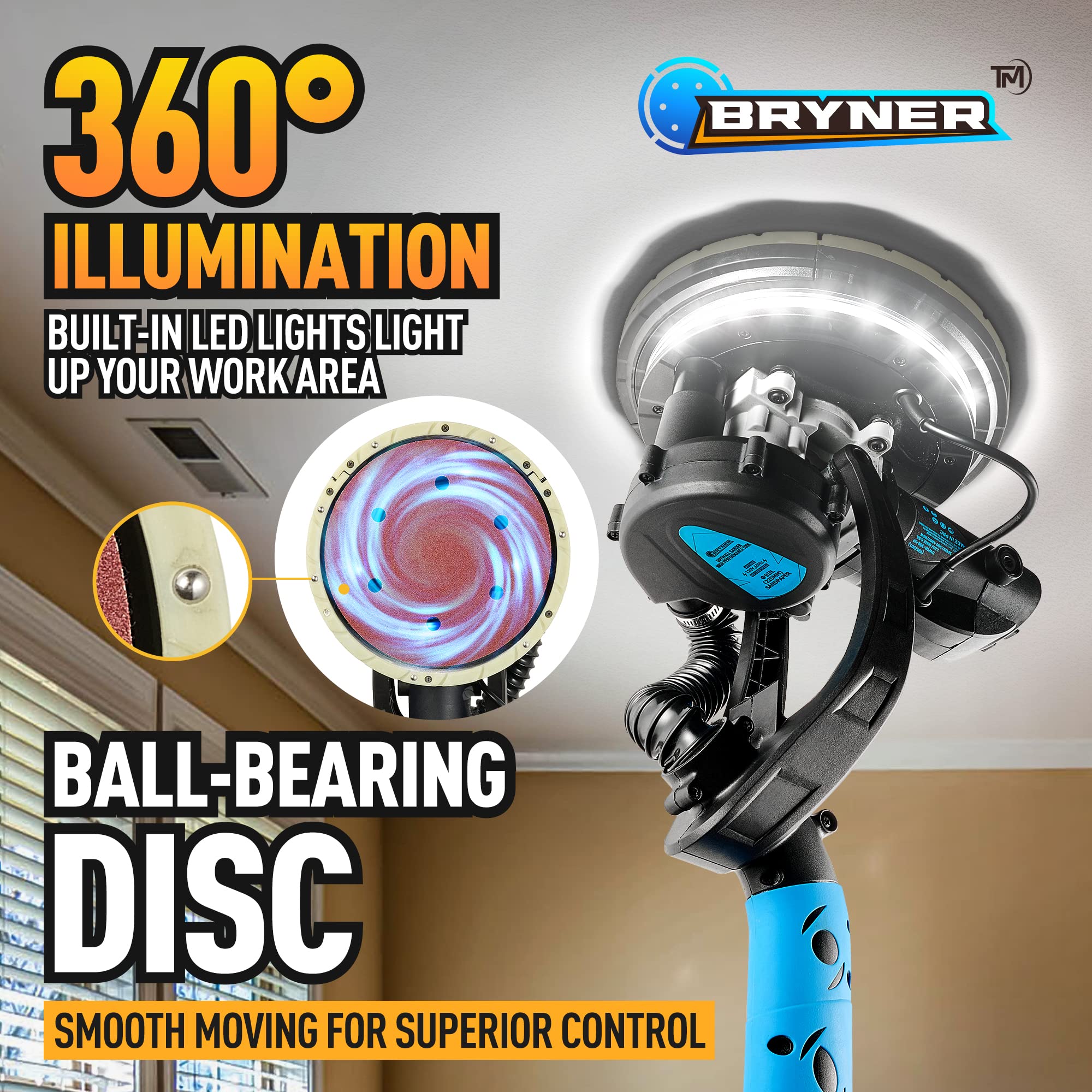 Electric Drywall Sander 800W with Vacuum - 95% Dust Removal, 12 Sanding Discs & LED Light - 6-Speed Adjustable (500-1800 RPM) - Perfect for Home Renovation, Wall Smoothing, and Professional Construction Projects