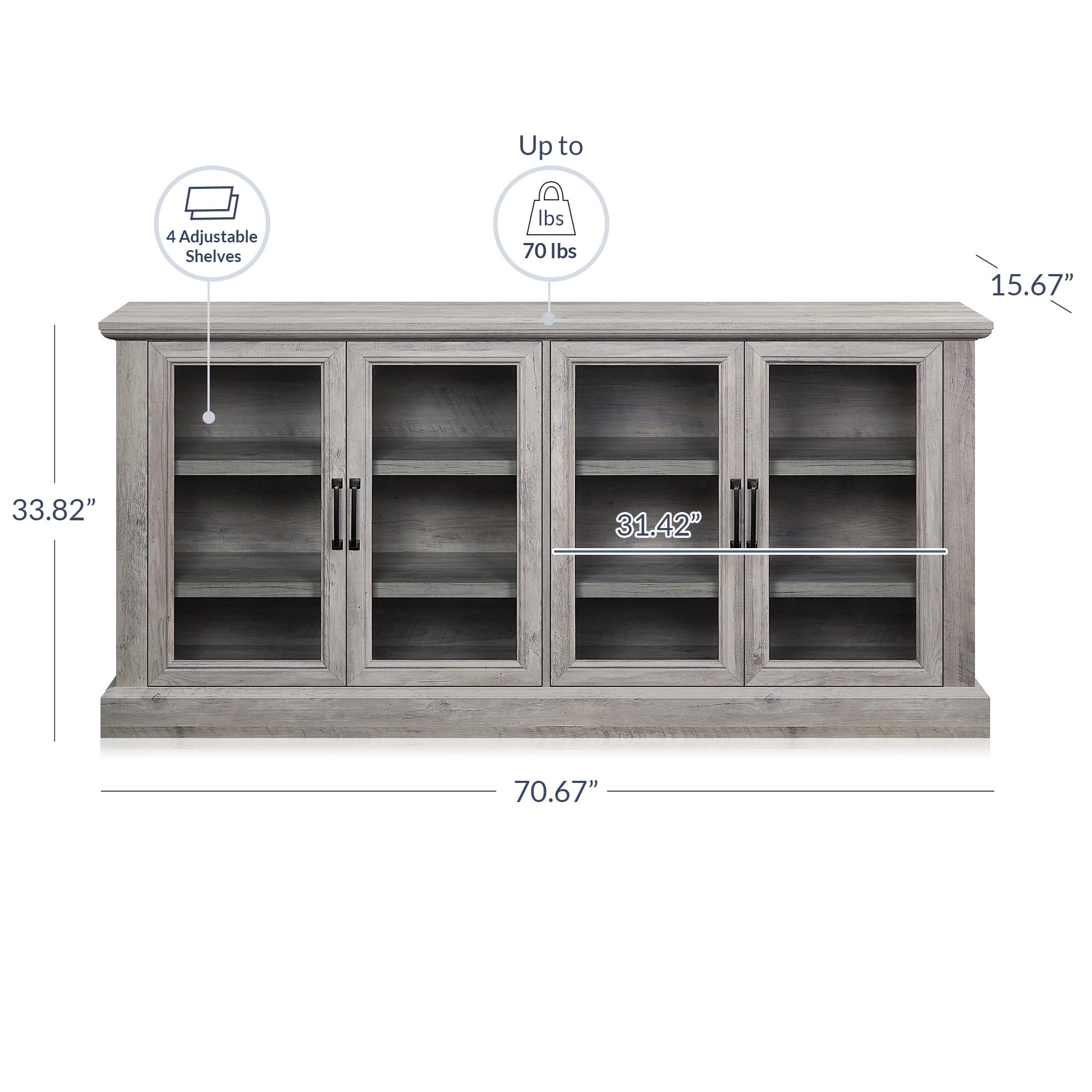 BELLEZE 70 Inch Sideboard Buffet Cabinet with Glass Doors & Adjustable Shelves - Modern Storage Entertainment Center for Living Room, Dining Room - Gray Wash Finish | Perfect for Displaying Collectibles, Storing Dishes & Organizing Home Decor