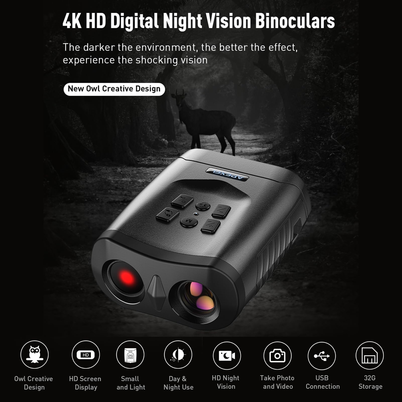 IRFORA APL-NV009 4K HD Digital Night Vision Binoculars with 5X Optical Zoom, 984ft/300M Range, 3-inch LCD Screen & Video Recording - Perfect for Bird Watching, Hunting, and Nighttime Security Surveillance