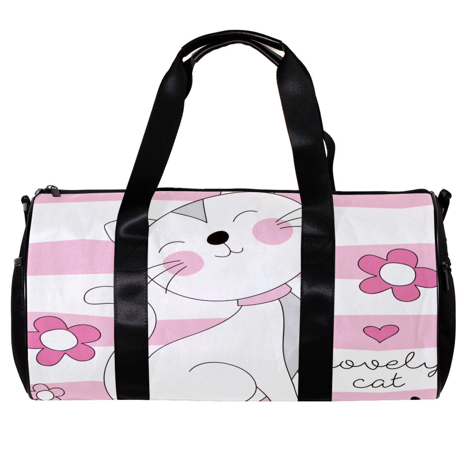 Stylish Pink Cat Cartoon Flower Gym Duffel Bag for Men & Women - Perfect for Fitness, Travel & Overnight Trips - Durable Sports Bag with Cute Design for Workouts, Yoga, Swimming & Weekend Getaways