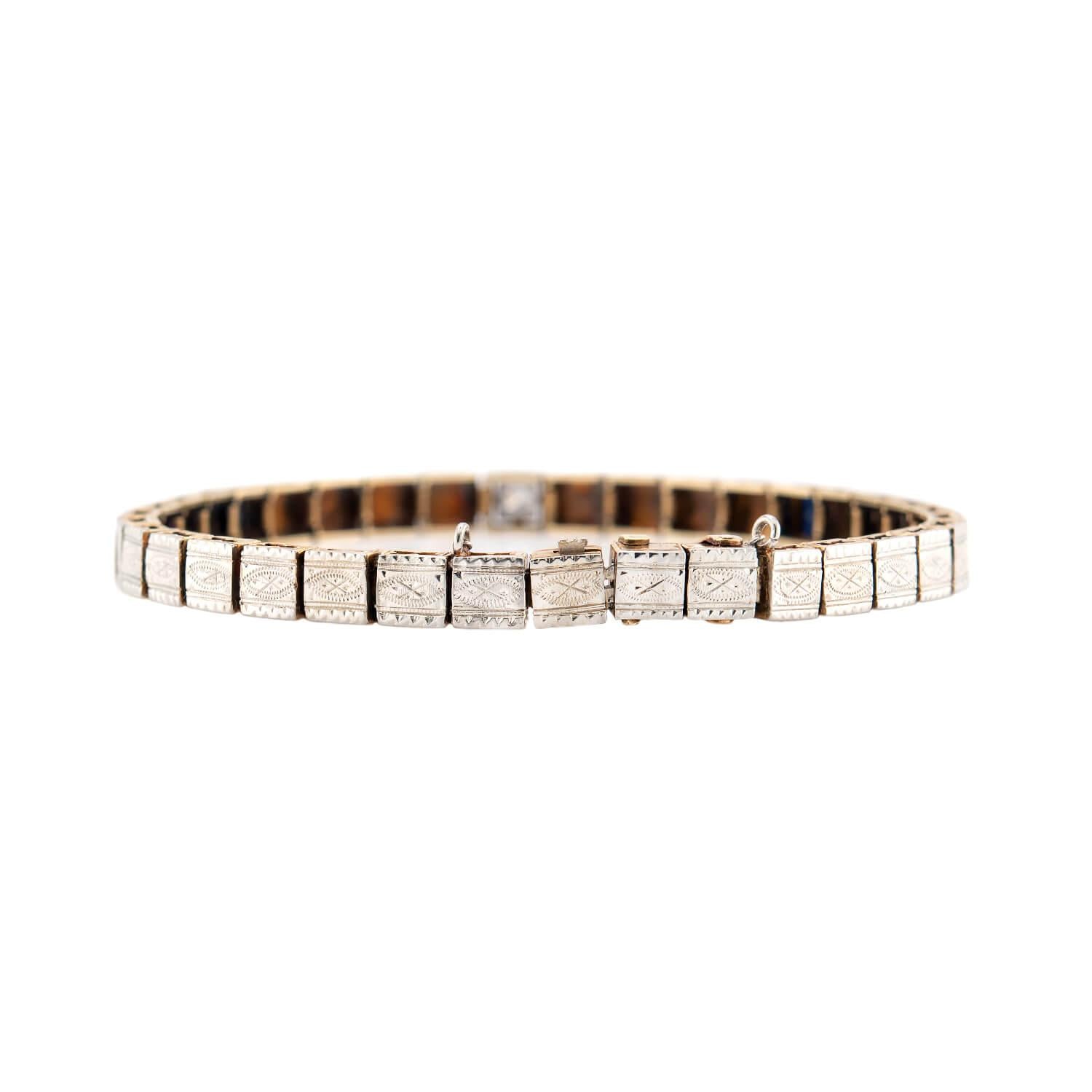 Edwardian 14k Gold & Platinum Sapphire Diamond Line Bracelet - Vintage Jewelry for Weddings, Anniversaries & Special Occasions