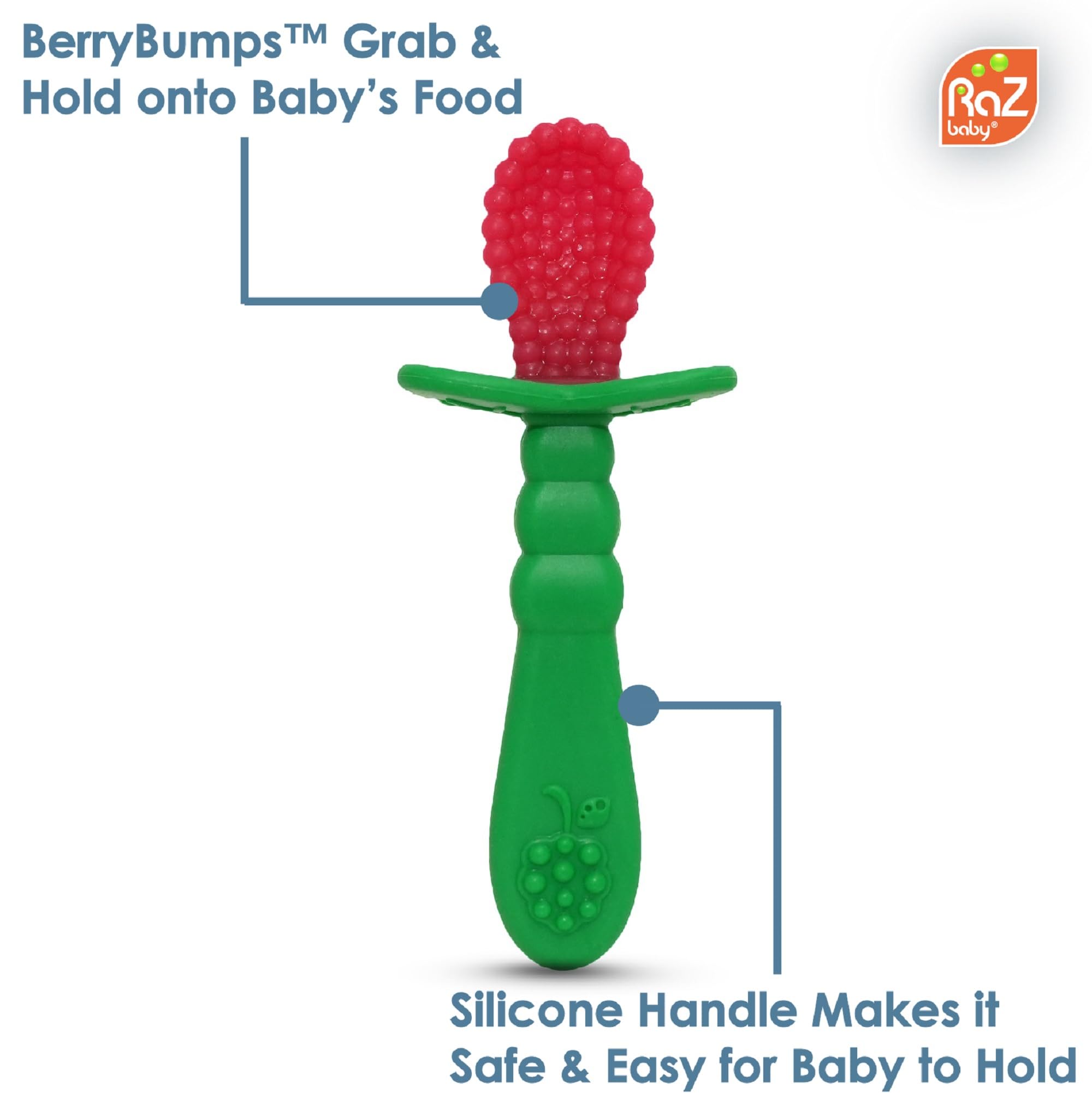 RaZbaby RaZberry Silicone Baby Spoon (2-Pack) - Multi-Textured Grip for Comfortable Feeding | BPA-Free, Dishwasher Safe | Ideal for Self-Feeding Training & Baby-Led Weaning | Perfect for Infants 6+ Months Starting Solids