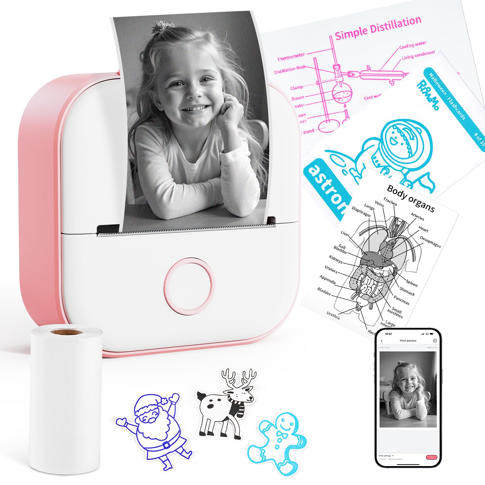 T02 Mini Instant Printer for Kids - Portable Thermal Sticker Maker, Wireless Phone Photo Printer for Study, Games & DIY Crafts - Create Flashcards, Labels & Fun Stickers (Pink) - Perfect for School Projects, Party Favors & Home Organization