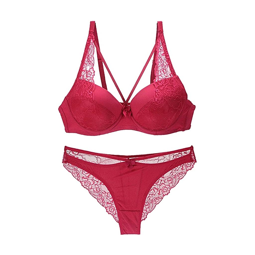 Sexy Lace Push Up Bra & Thong Lingerie Set for Women - Embroidered Underwear 80C Red | Perfect for Date Night, Valentine's Gift & Boudoir Photography