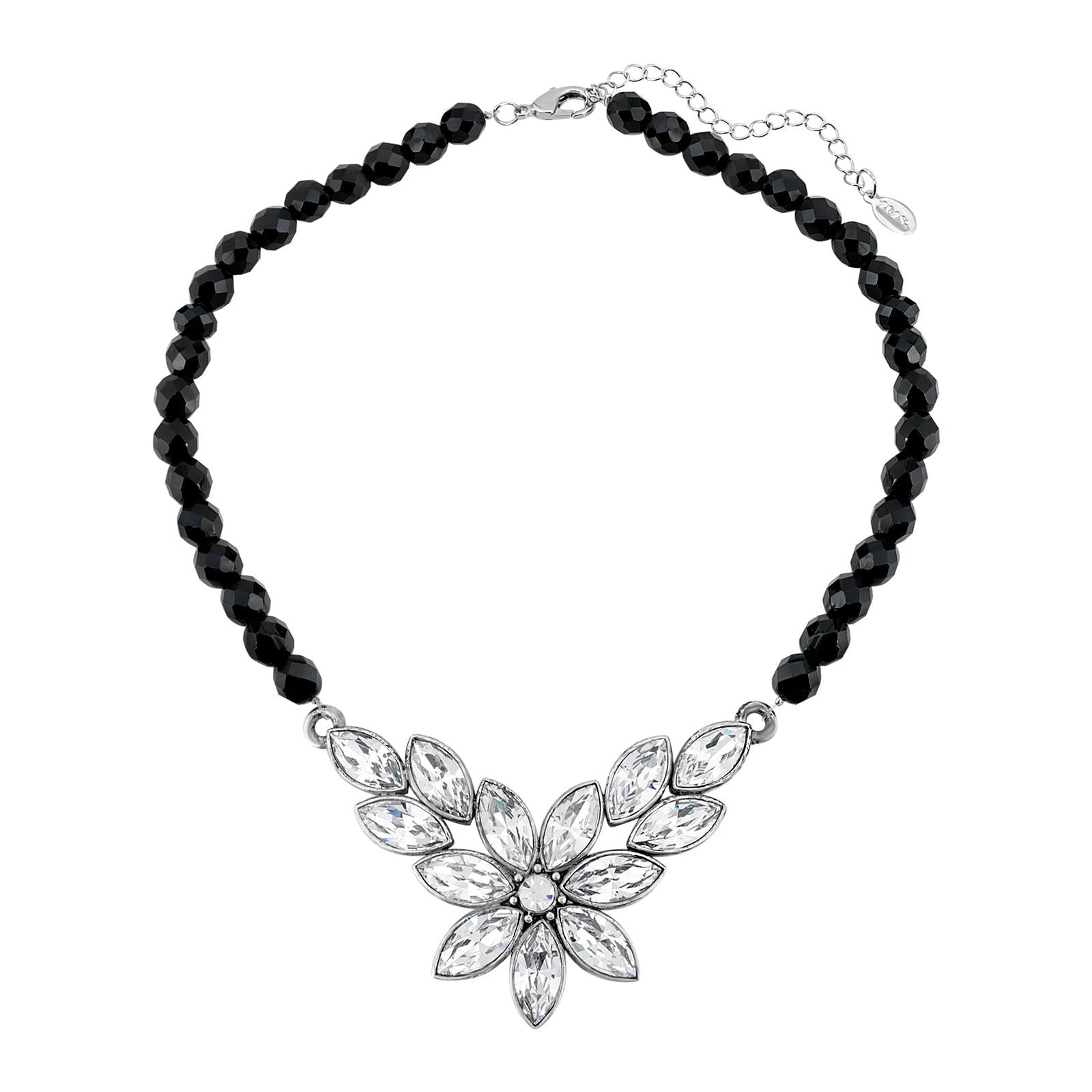 1928 Jewelry Austrian Crystal Flower & Black Glass Beaded Necklace - Adjustable 15-18 Inch | Elegant Vintage Necklace for Women, Perfect for Weddings, Parties & Special Occasions
