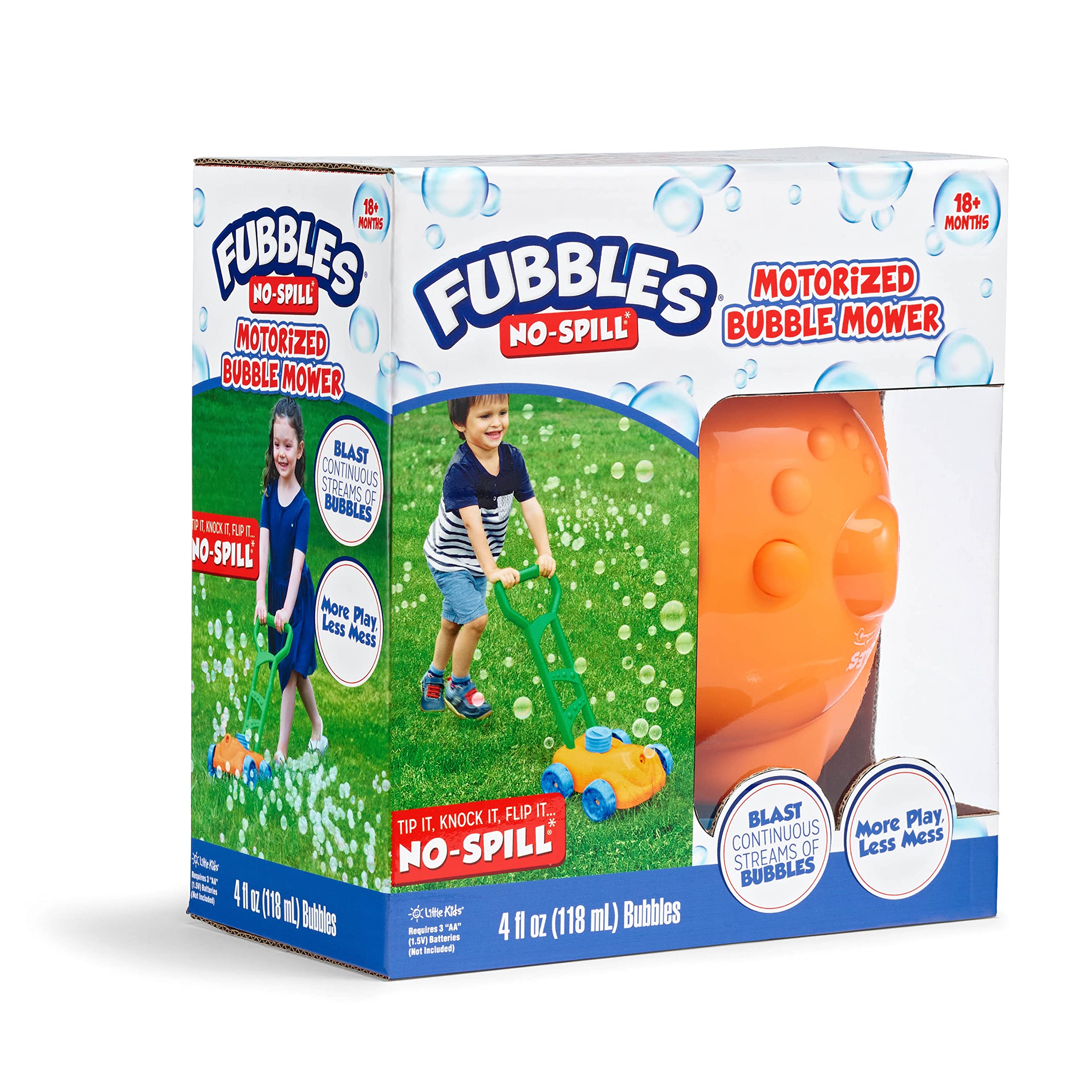 Fubbles No Spill Bubble Lawn Mower for Toddlers - Automatic Bubble Blower Machine with 4oz Non-Toxic Refill Solution - Outdoor Bubble Toy for Kids (Orange) - Perfect for Backyard Play, Birthday Parties & Summer Fun