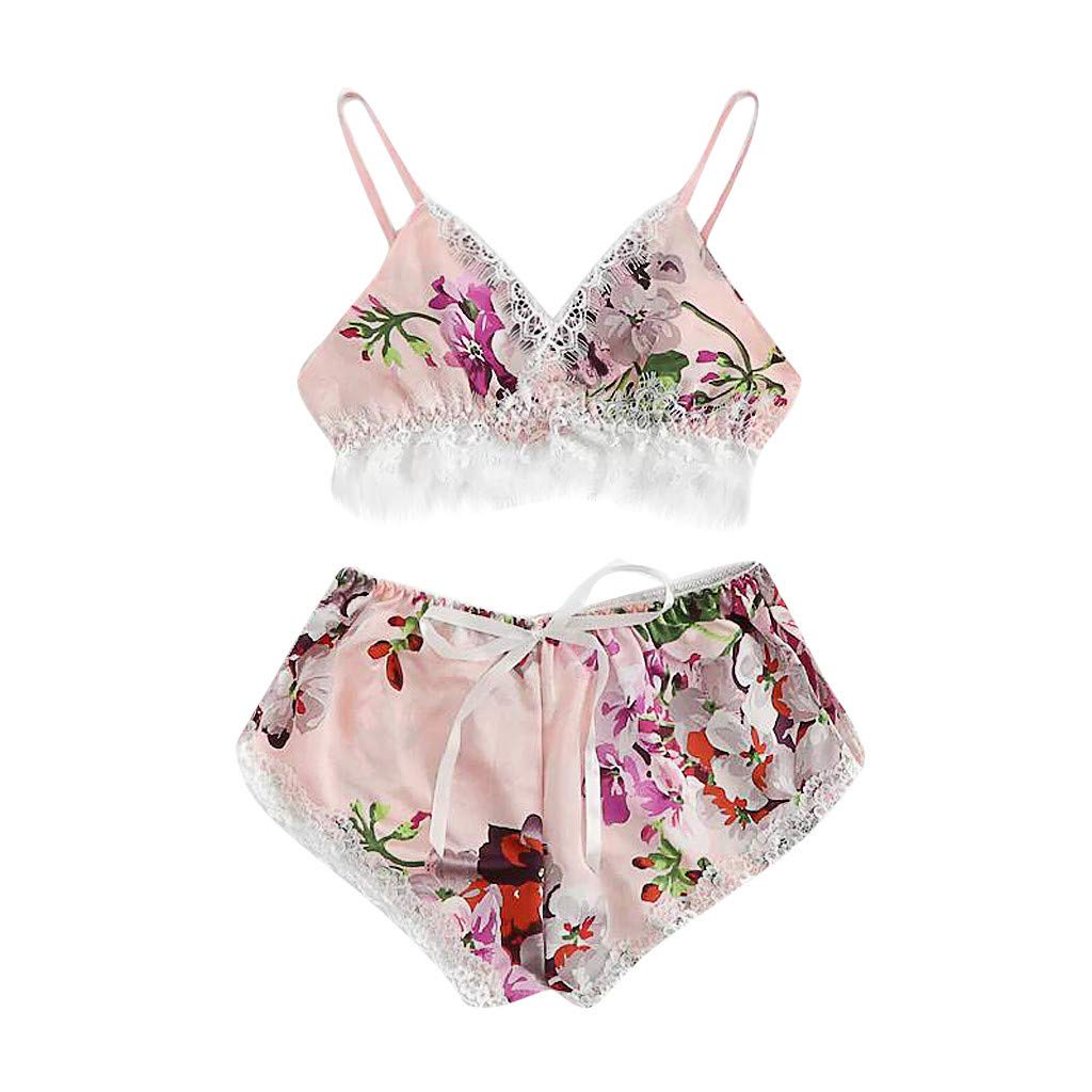 Sexy Lace & Satin Trim Floral Bow Lingerie Set - Women's Babydoll Sleepwear Pajamas for Valentine's Day, Honeymoon & Romantic Nights