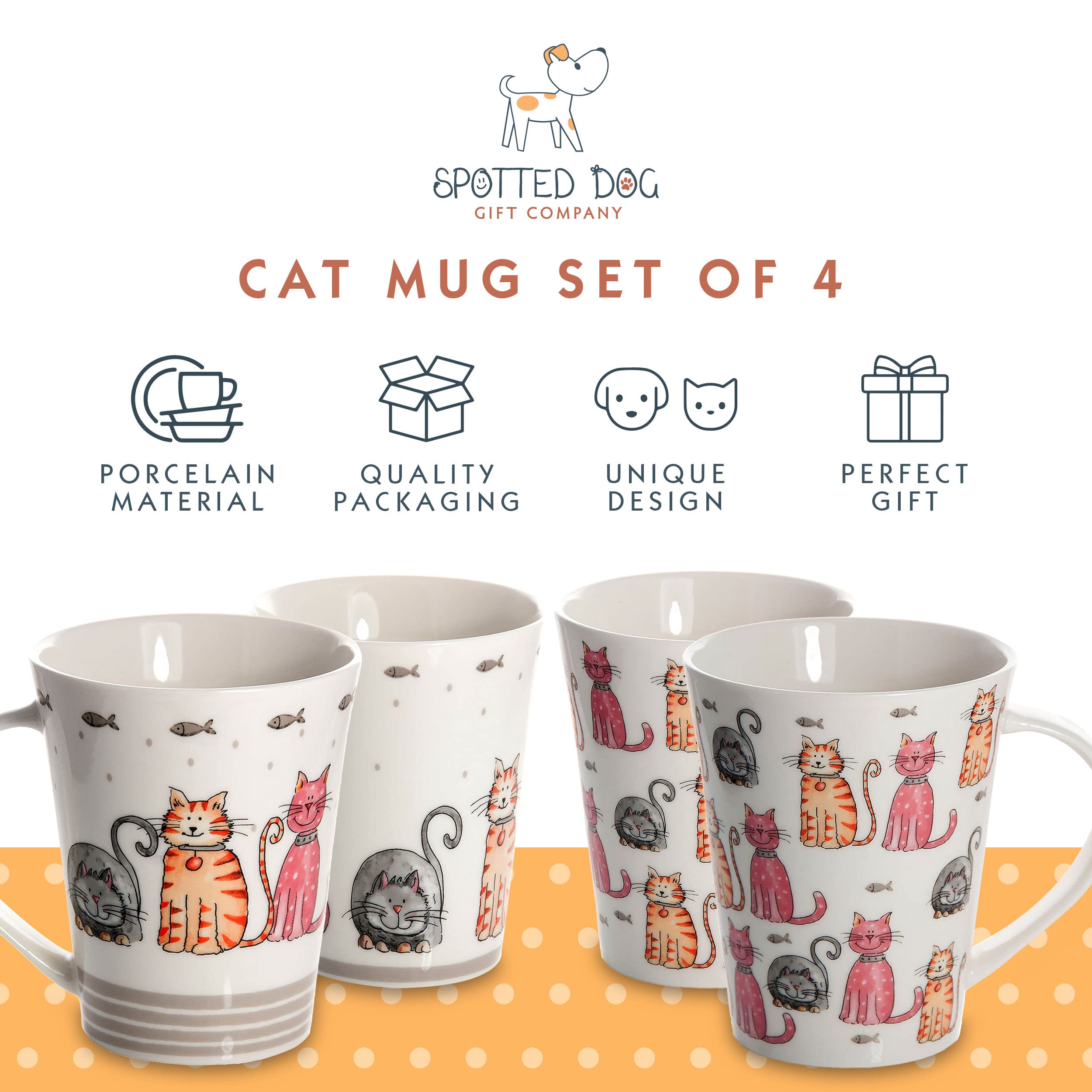 SPOTTED DOG GIFT COMPANY Cat Lovers Coffee Mug Set of 4 - Cute Happy Cat Themed Ceramic Tea Cups (360ml/12.2oz) - Perfect Gift for Women, Men & Kids Who Love Cats - Ideal for Coffee, Tea & Hot Drinks at Home or Office