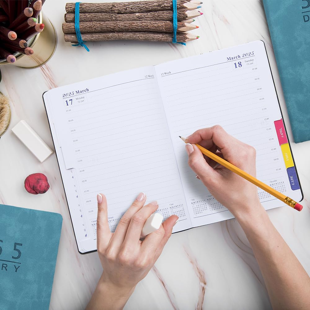 2025 Daily Planner - A5 Leather Journal Notebook with 365 Days Calendar, Tabs & Monthly Pages | Jan-Dec 2025 Appointment Book for Business, School & Personal Use | Perfect Work Planner & Gift Idea (Blue)