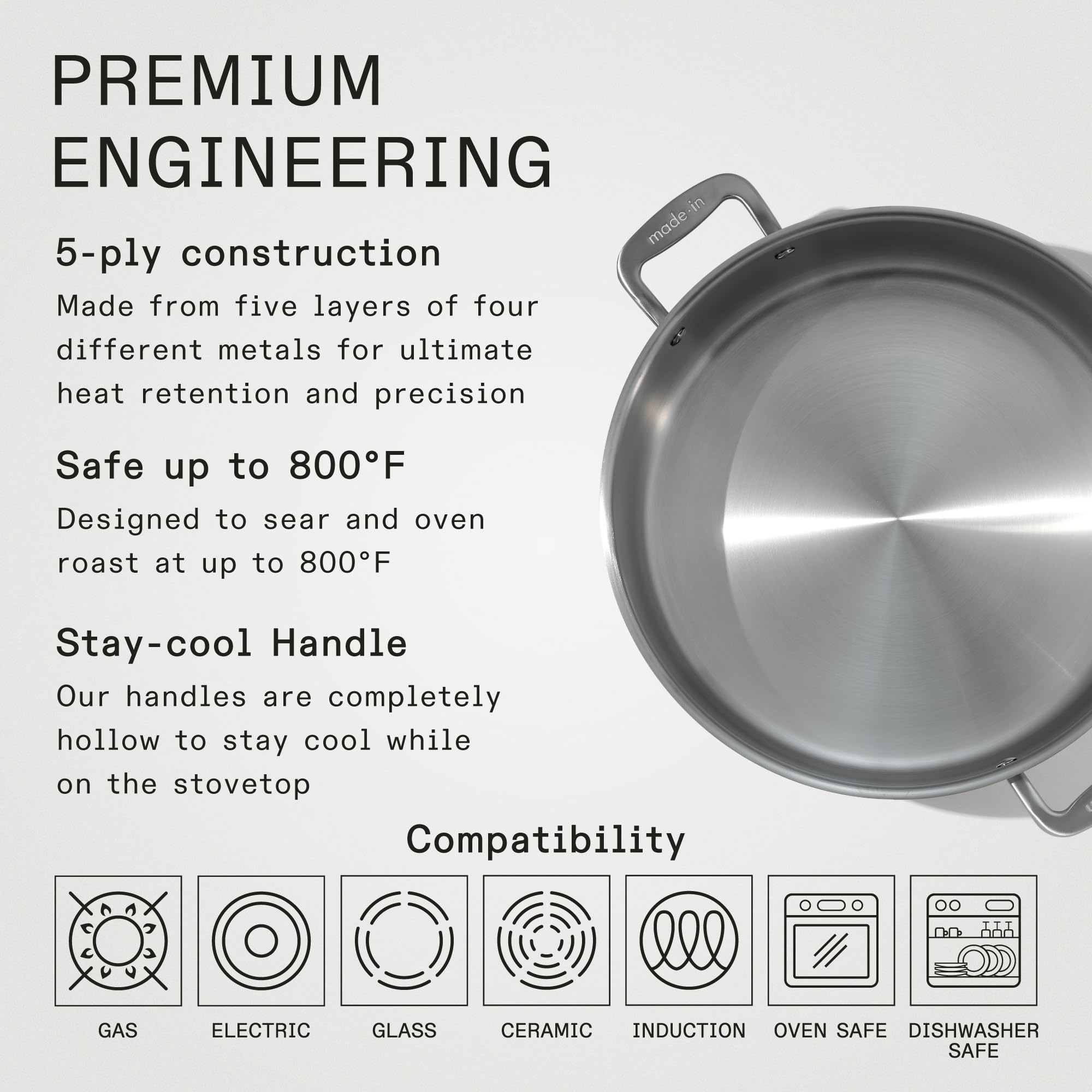 Professional 10 Quart Stainless Steel Rondeau Pot with Lid - 5-Ply Clad Induction Compatible Cookware - Made in Italy - Perfect for Soups, Stews & Braising in Commercial Kitchens & Home Cooking