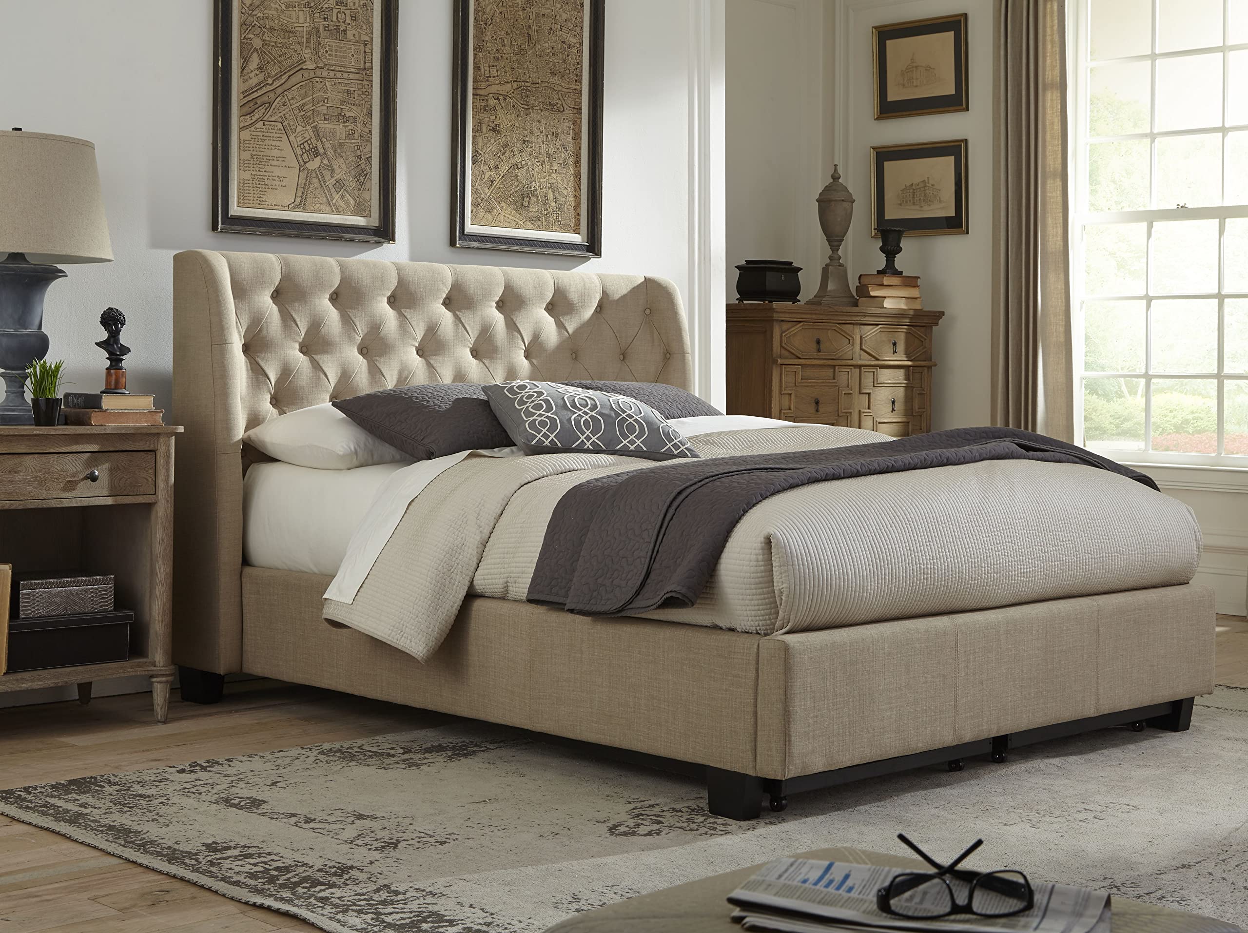Modus Furniture Solid Wood Queen Size Platform Bed Frame - Levi Toast Linen Upholstered Headboard | Modern Bedroom Furniture for Small Spaces & Guest Rooms