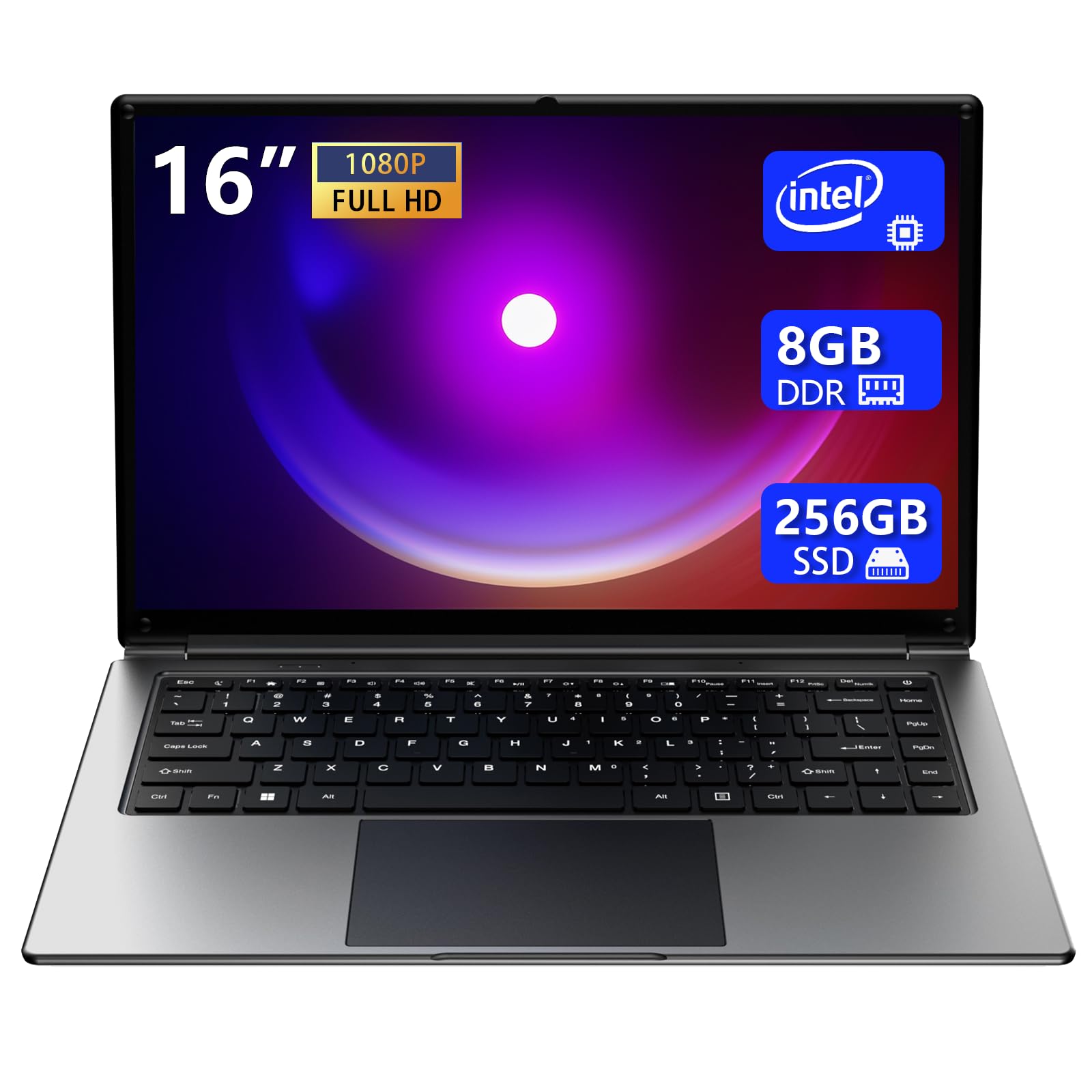 Morostron 16-inch Portable Laptop - 8GB DDR RAM, 256GB SSD (Expandable to 1TB), Intel Pentium Quad-Core CPU up to 2.6GHz, 9000mAh Battery, Mini HDMI & USB 3.0 Ports, Dual-Band WiFi, HD Webcam - Perfect for Work, Study & Travel