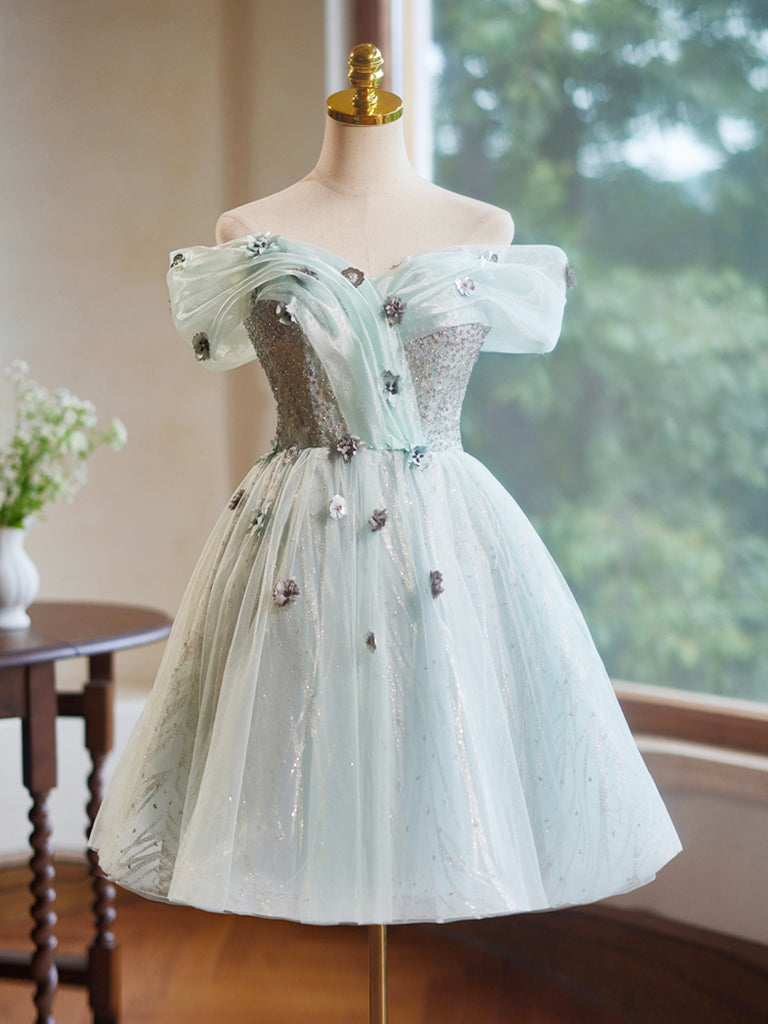Elegant Green A-Line Off Shoulder Tulle Short Prom Dress for Homecoming, Party & Special Occasions | Women's Formal Evening Gown