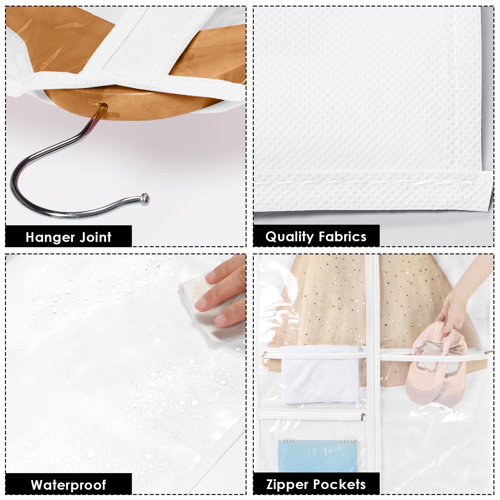 Univivi 40 Inch White Dance Costume Garment Bag with 3 Clear Zipper Pockets - 4 Pack for Kids Dance Costumes, Hanging Clothes Storage, Perfect for Dance Recitals, Competitions, and Performances