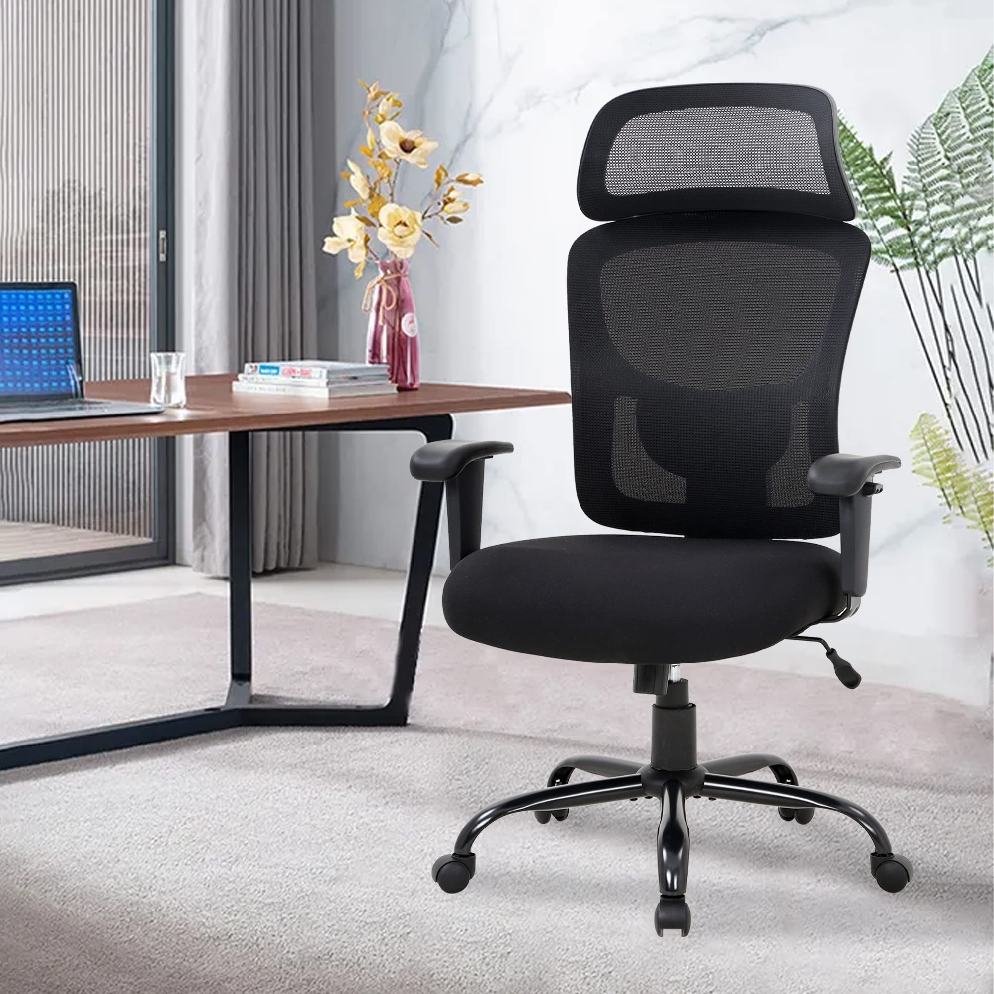 Big and Tall Office Chair - Heavy Duty 400lbs Capacity Ergonomic Executive Desk Chair with Adjustable Lumbar Support, Headrest & Armrests - High Back Mesh Computer Chair for Home & Office Workspaces (Black)