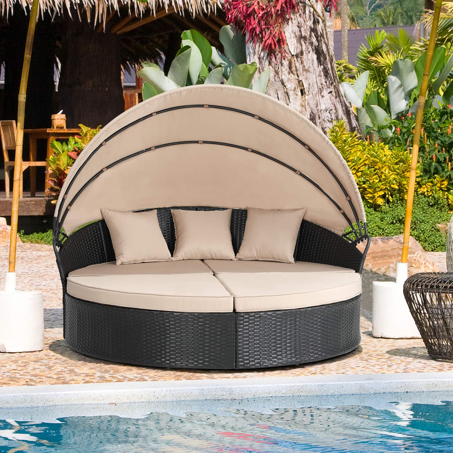 Walsunny Outdoor Round Daybed with Retractable Canopy - Wicker Rattan Patio Furniture for Backyard, Poolside & Garden - Cushioned Seating with Separate Seats | Perfect for Sunbathing, Lounging and Outdoor Relaxation