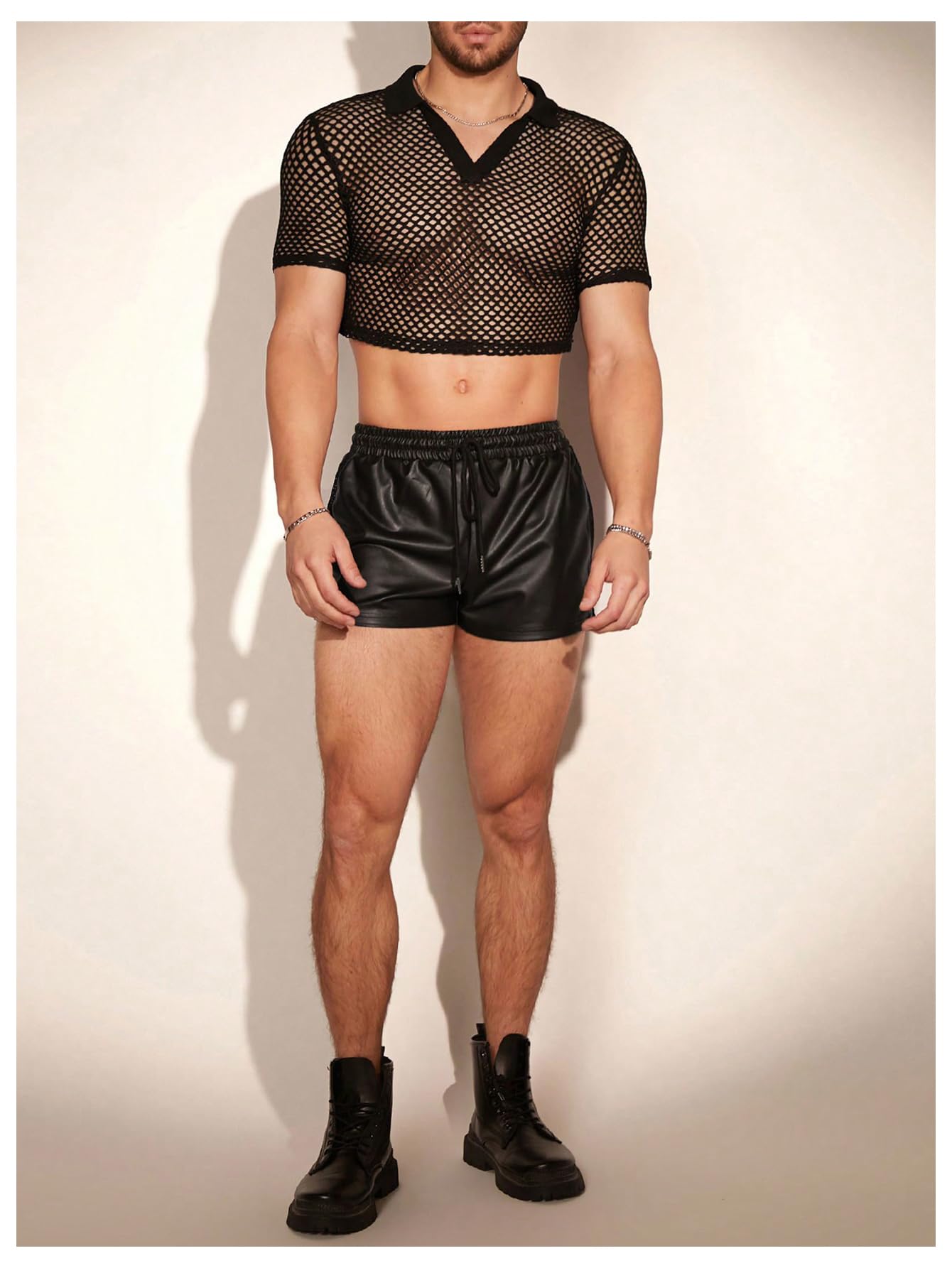 OYOANGLE Men's PU Leather Shorts with Drawstring & Elastic Waistband - Breathable Hollow Side Design for Party, Nightclub, and Summer Outfits